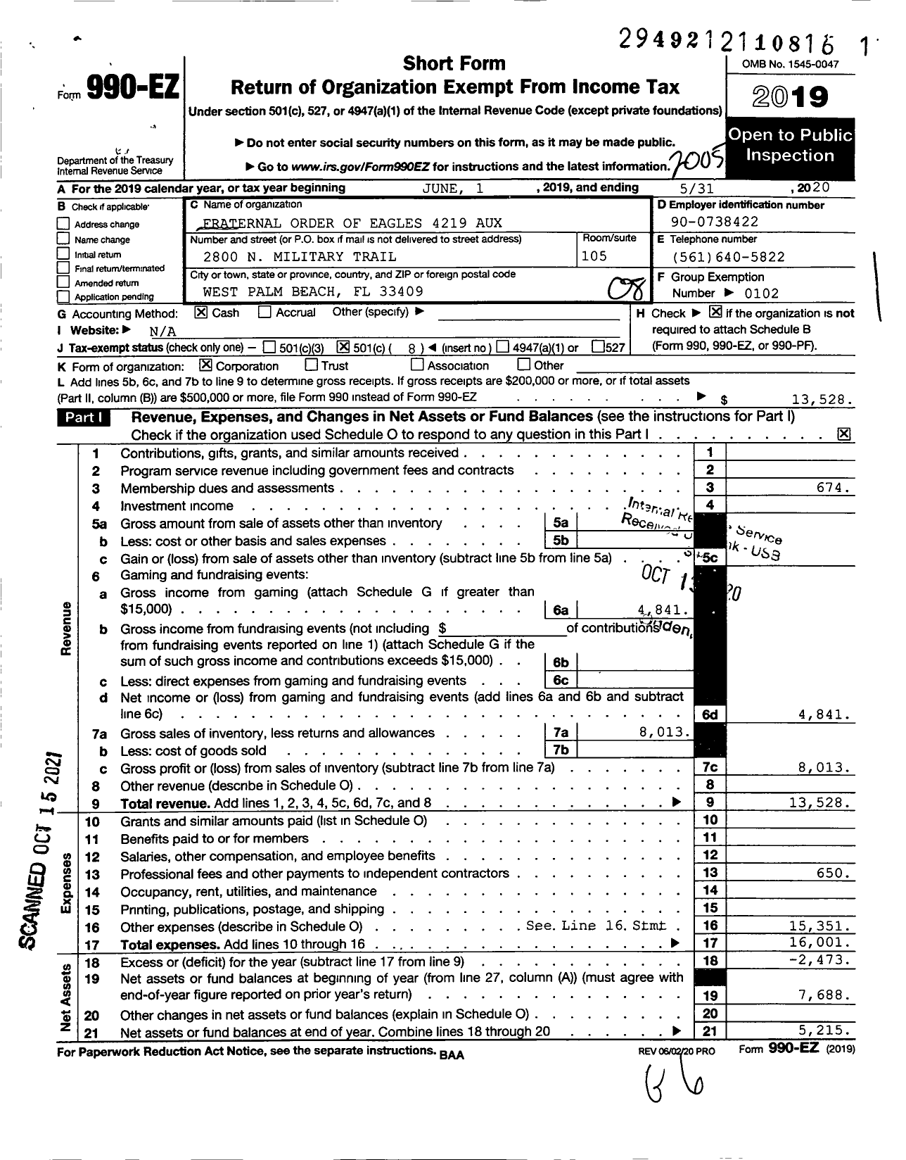 Image of first page of 2019 Form 990EO for Fraternal Order of Eagles - 4219 Aux