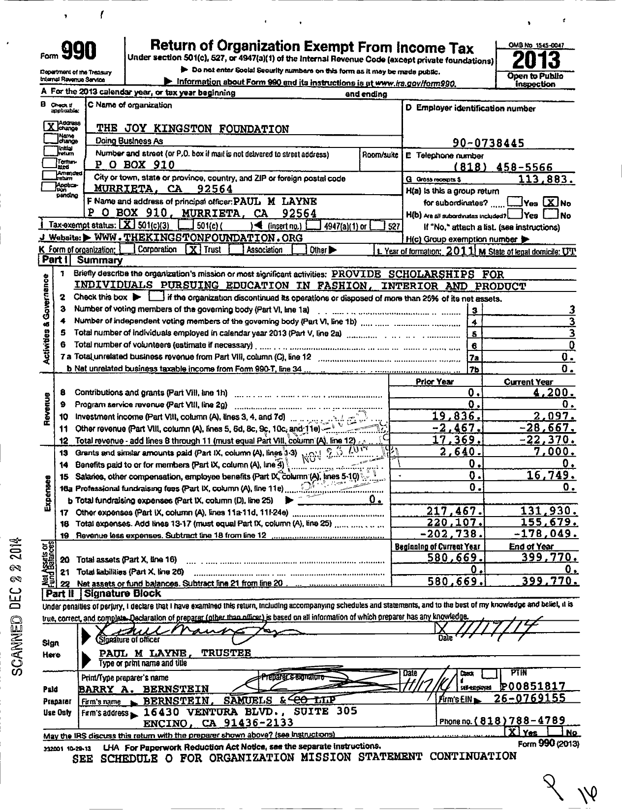 Image of first page of 2013 Form 990 for The Joy Kingston Foundation