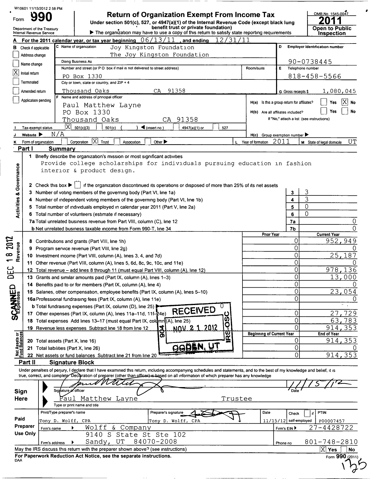 Image of first page of 2011 Form 990 for The Joy Kingston Foundation