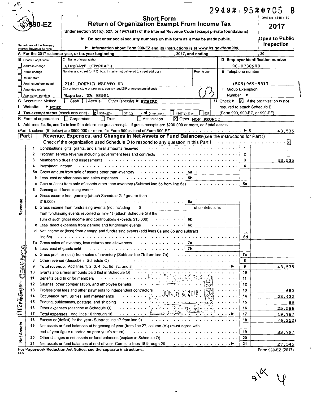 Image of first page of 2017 Form 990EZ for Lifegate Outreach