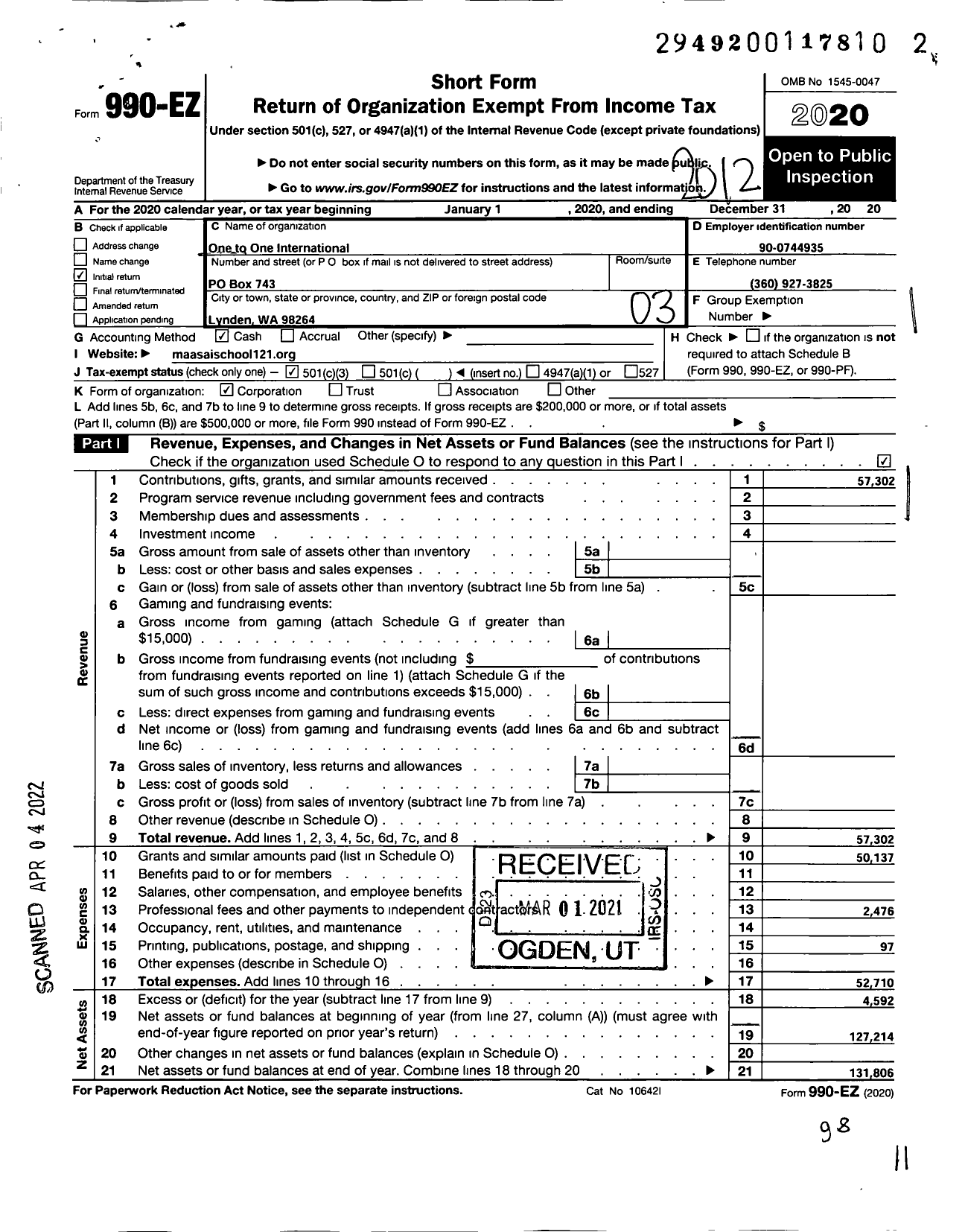 Image of first page of 2020 Form 990EZ for One To One International