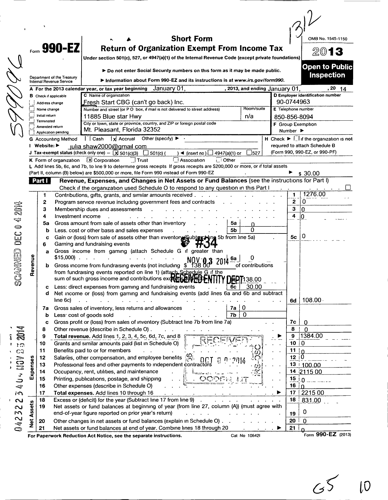 Image of first page of 2013 Form 990EZ for Fresh Start CGB Cant Go Back