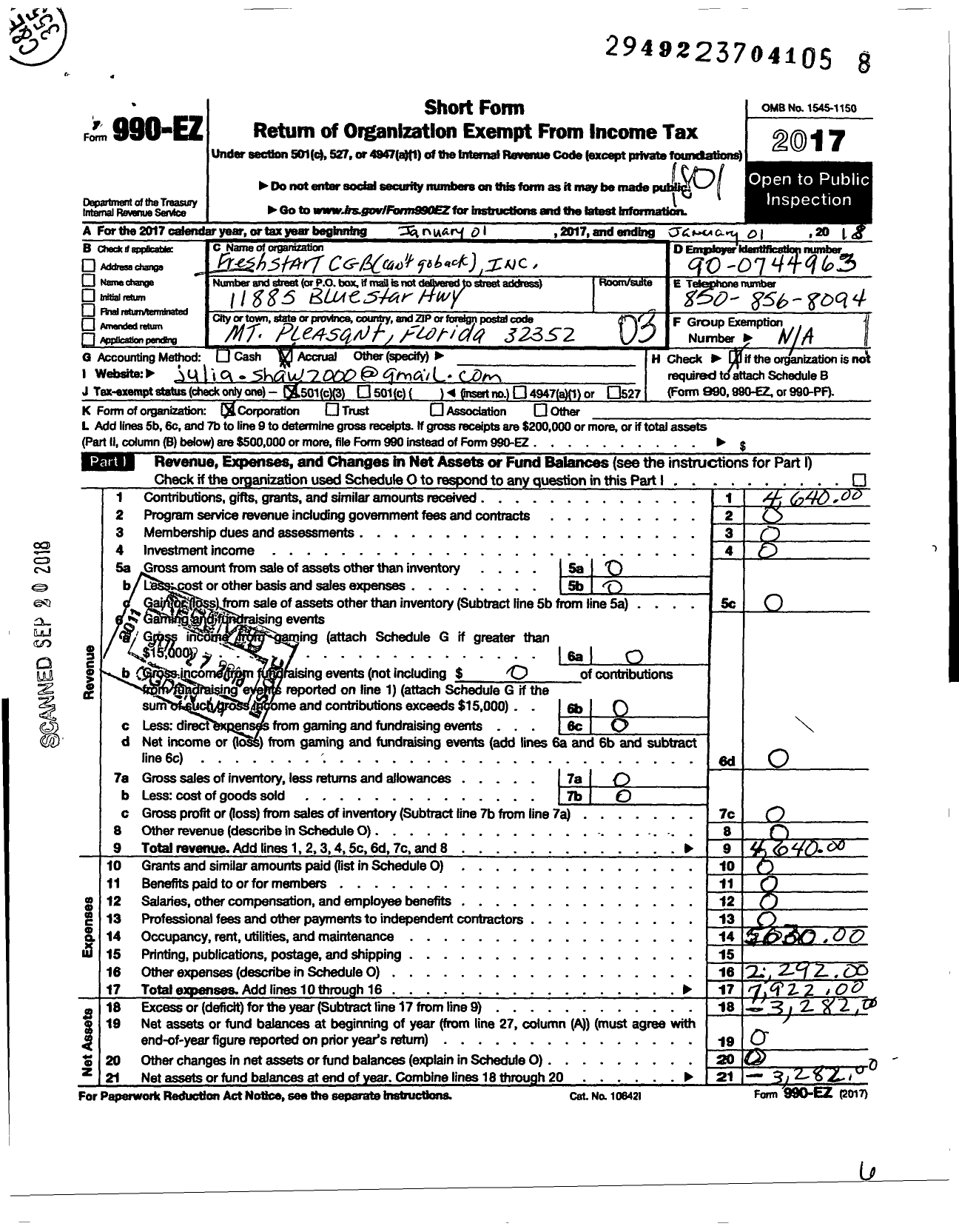 Image of first page of 2017 Form 990EZ for Fresh Start CGB Cant Go Back