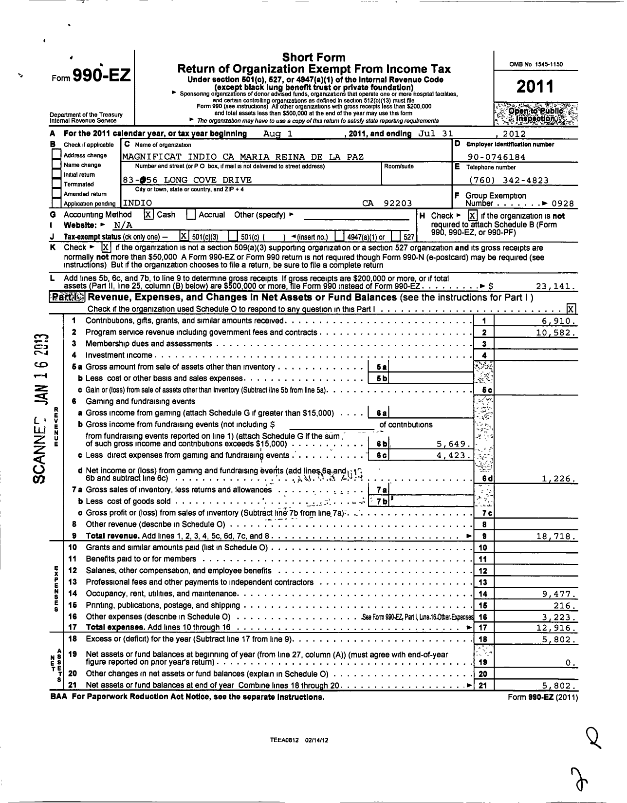 Image of first page of 2011 Form 990EZ for Magnificat Indio Ca Maria Reina de La Paz