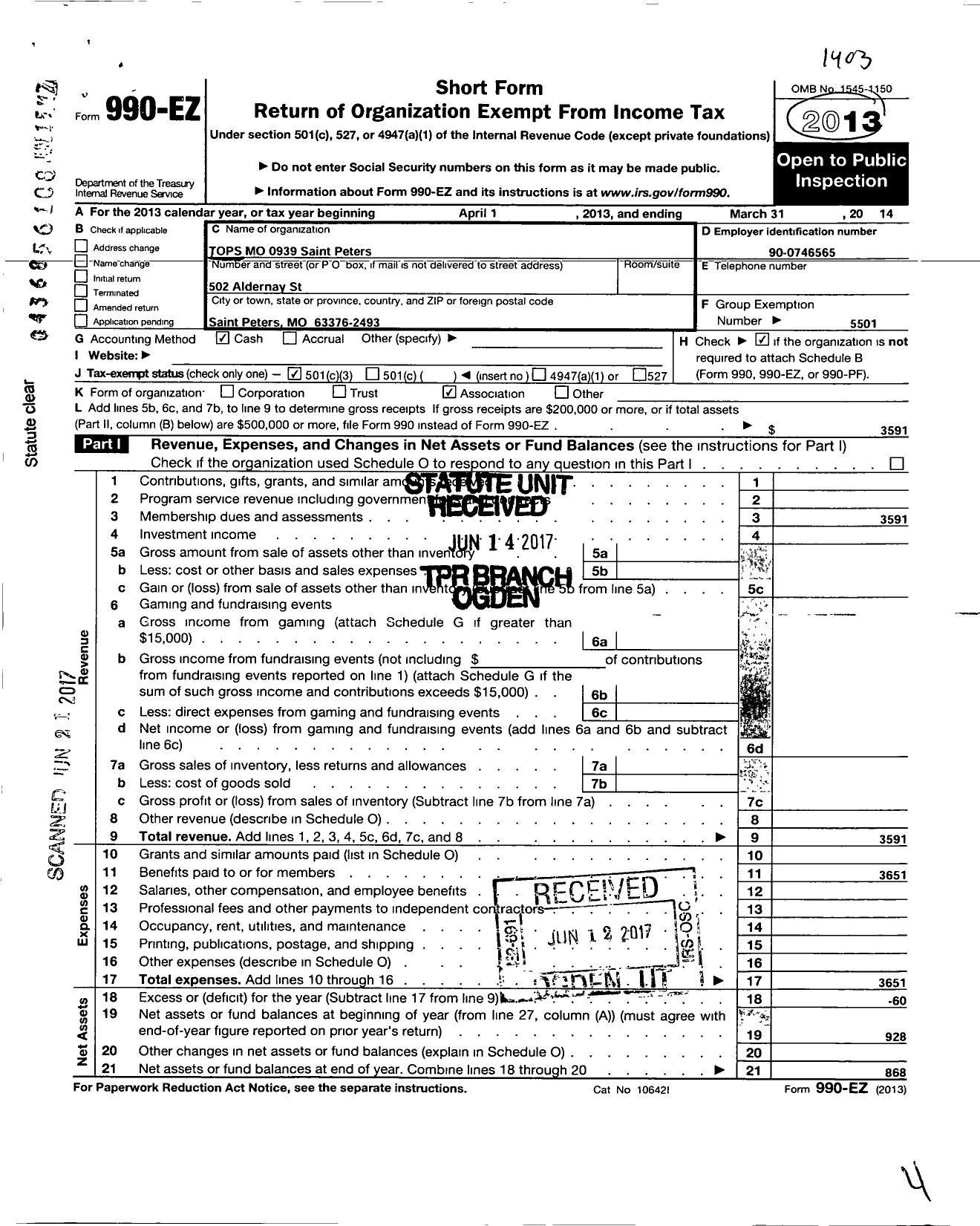 Image of first page of 2013 Form 990EZ for Tops Mo 0939 St Peters