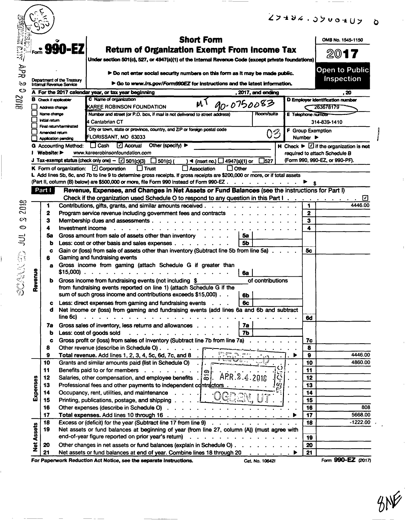 Image of first page of 2017 Form 990EZ for Karee Robinson Foundation