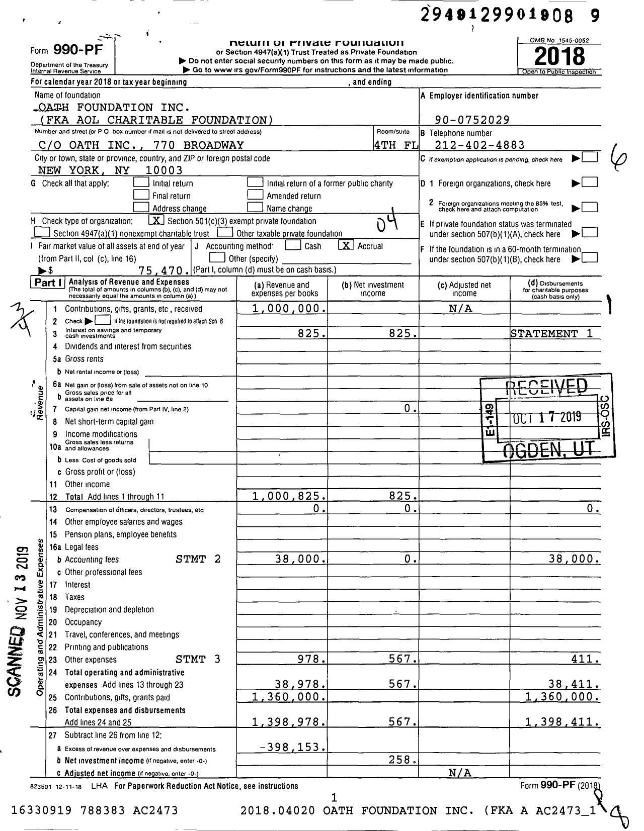 Image of first page of 2018 Form 990PF for Oath Foundation