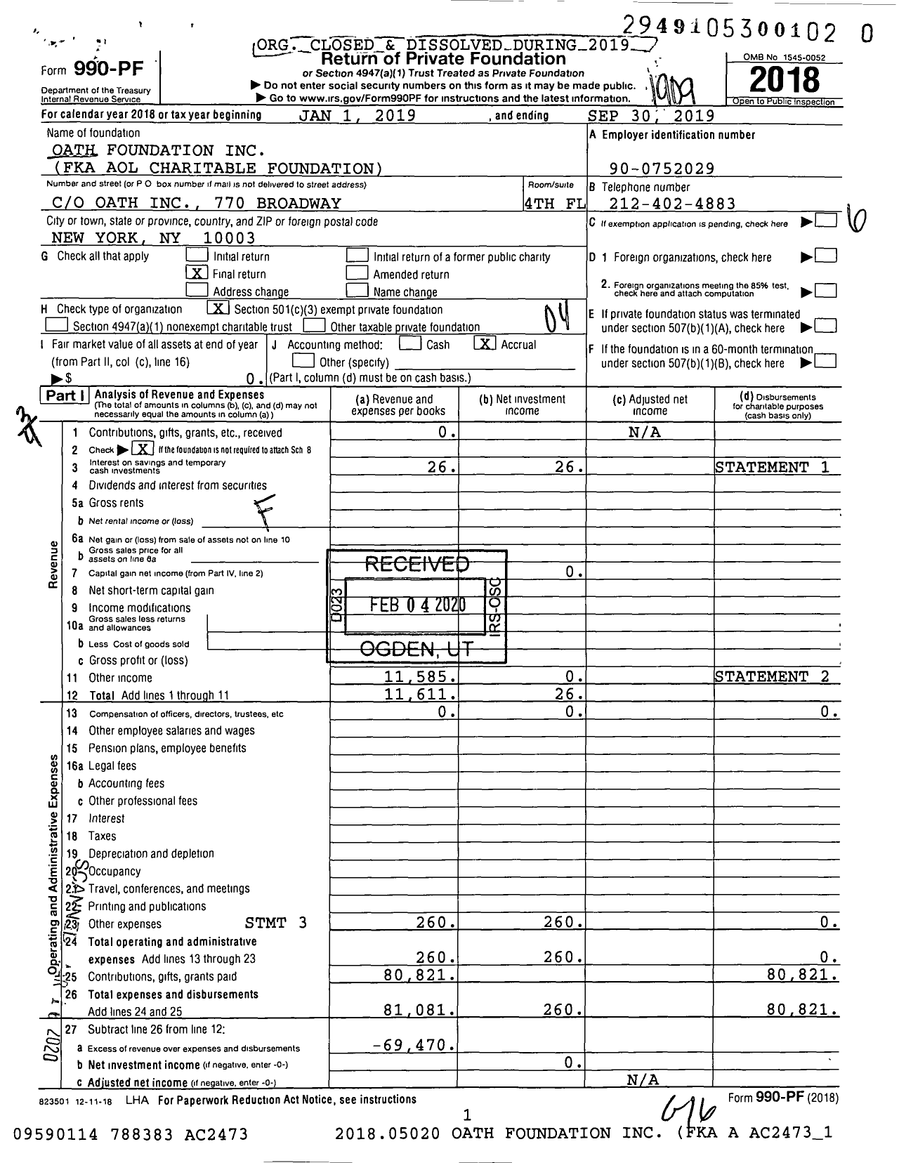 Image of first page of 2018 Form 990PR for Oath Foundation
