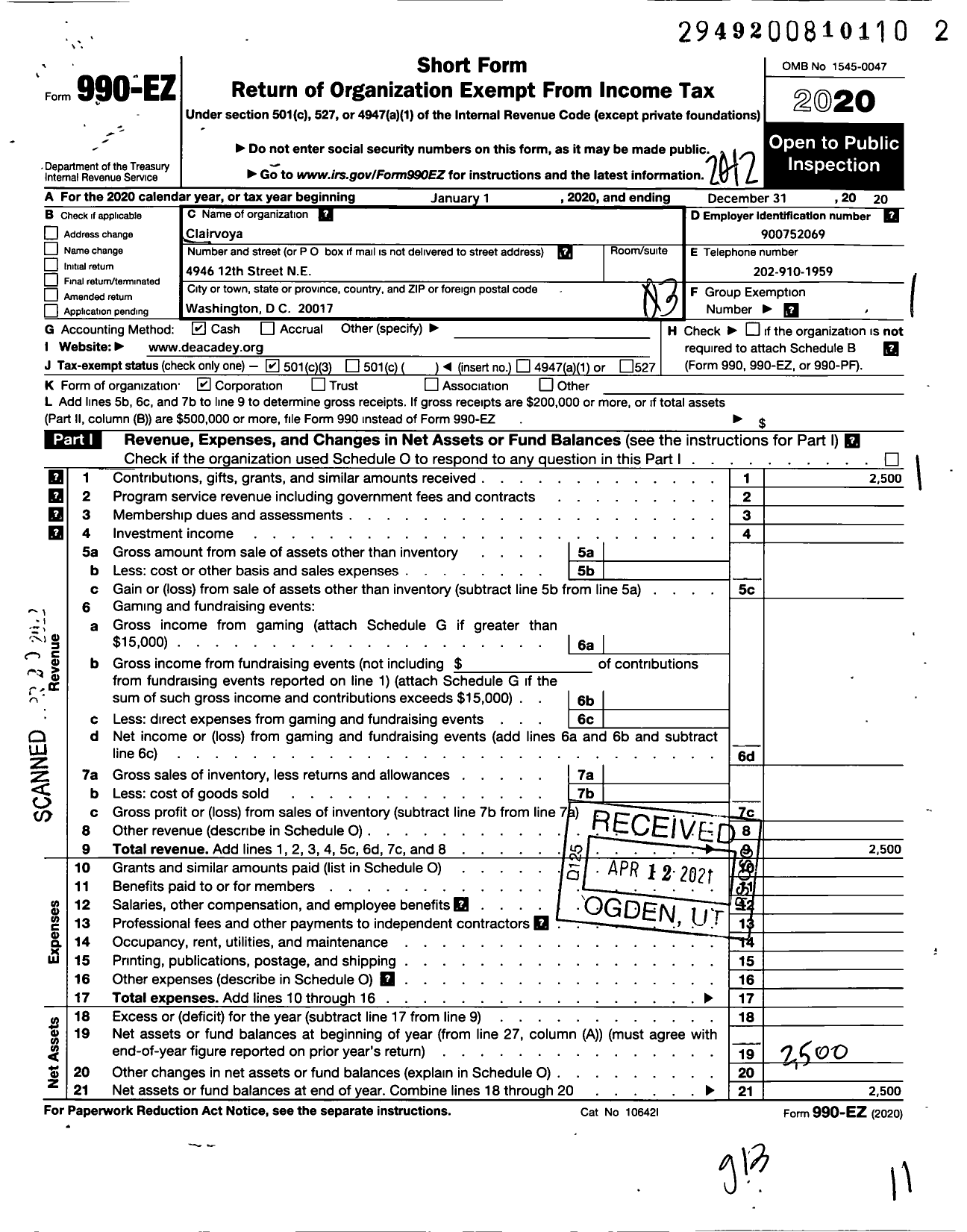 Image of first page of 2020 Form 990EZ for Clairvoya