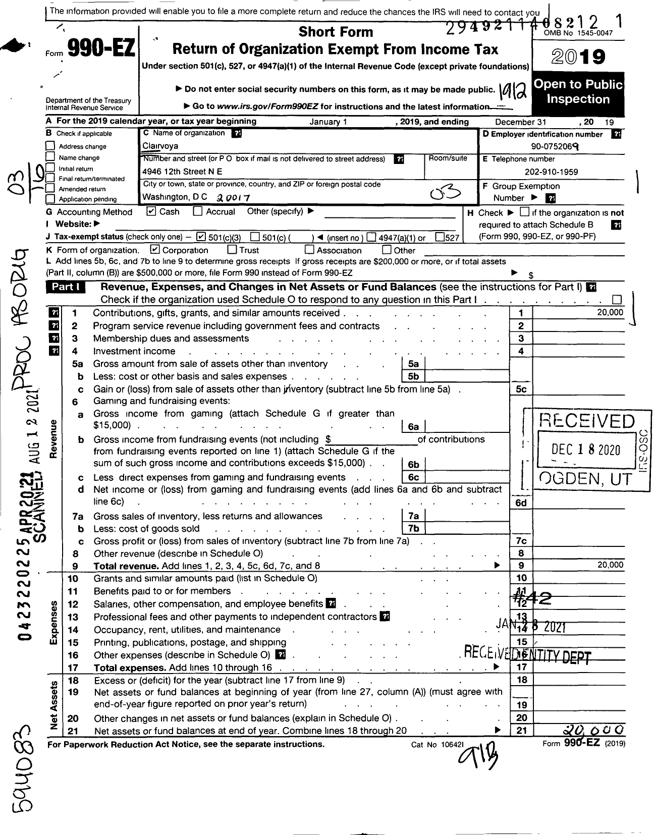 Image of first page of 2019 Form 990EZ for Clairvoya