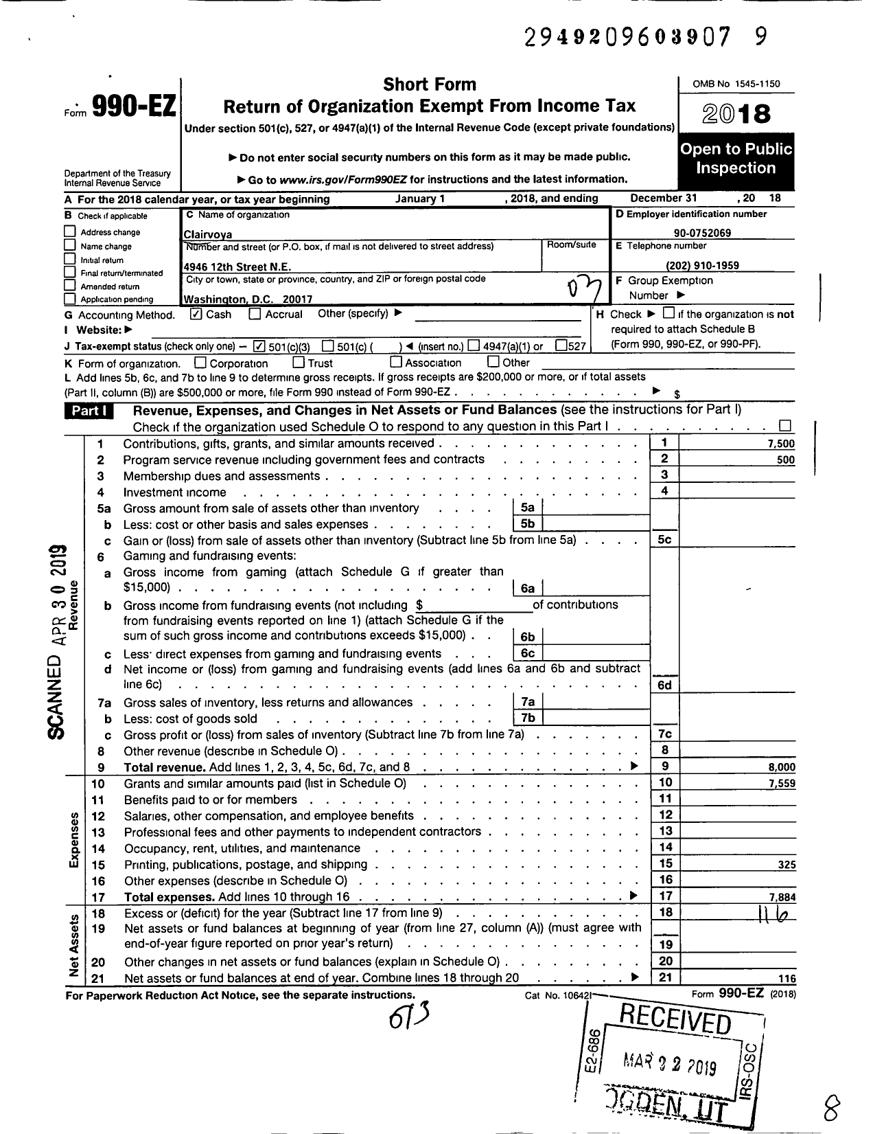 Image of first page of 2018 Form 990EZ for Clairvoya