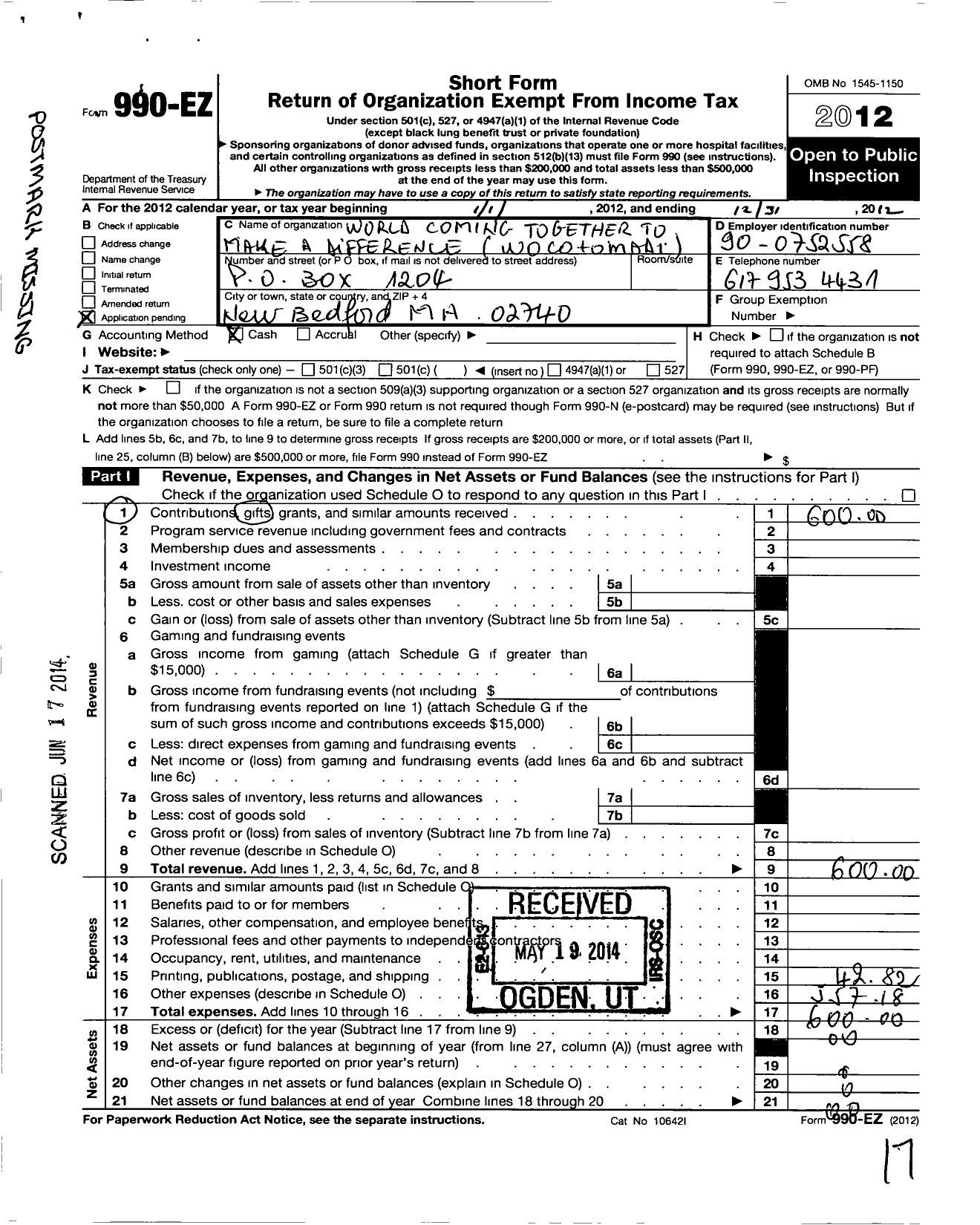 Image of first page of 2012 Form 990EO for World Coming Together To Make A Difeerence