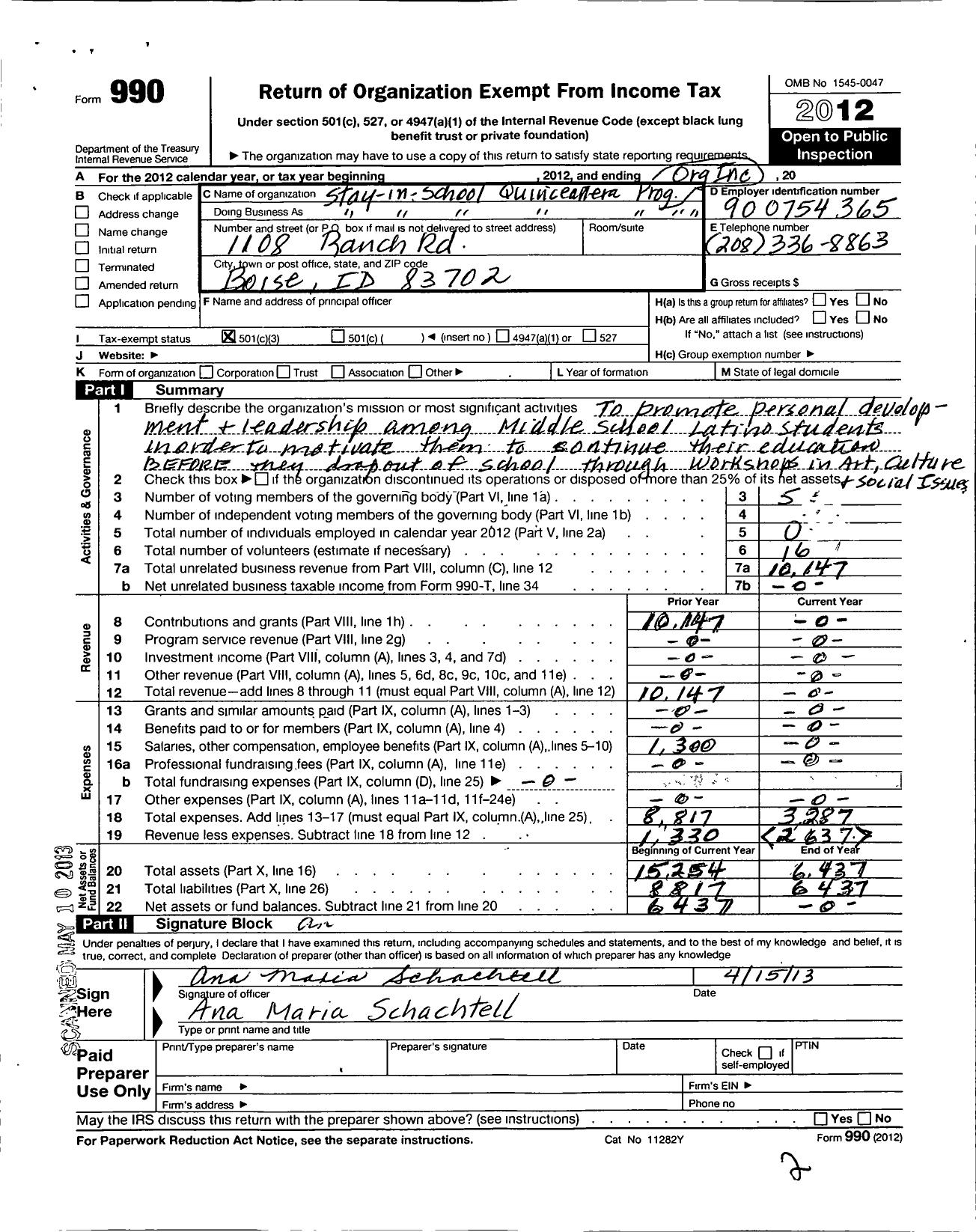 Image of first page of 2012 Form 990 for Stay-In-Sch00L Quinceanera Program Organization