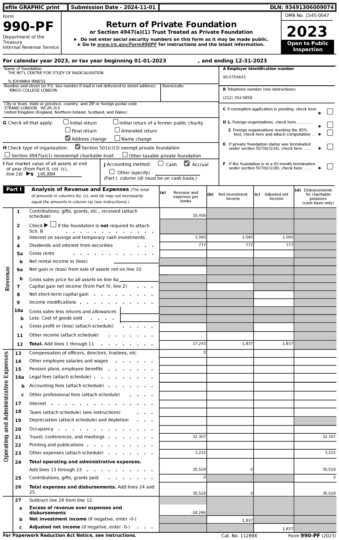 Image of first page of 2023 Form 990PF for The International Centre for Study of Radicalisation