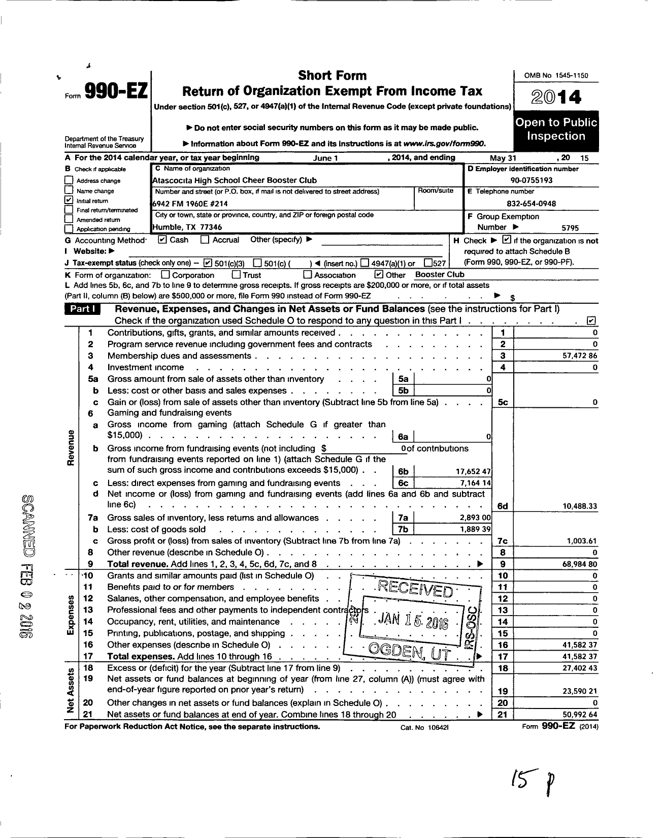 Image of first page of 2014 Form 990EZ for Atascocita High School Cheer Booster Club