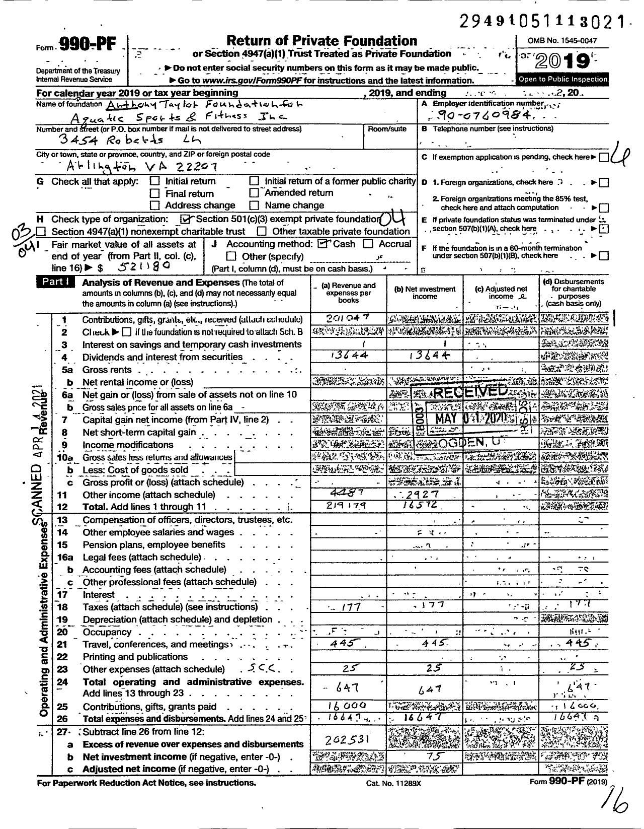 Image of first page of 2019 Form 990PF for Anthony Taylor Foundation for Aquatic Sports and Fitness