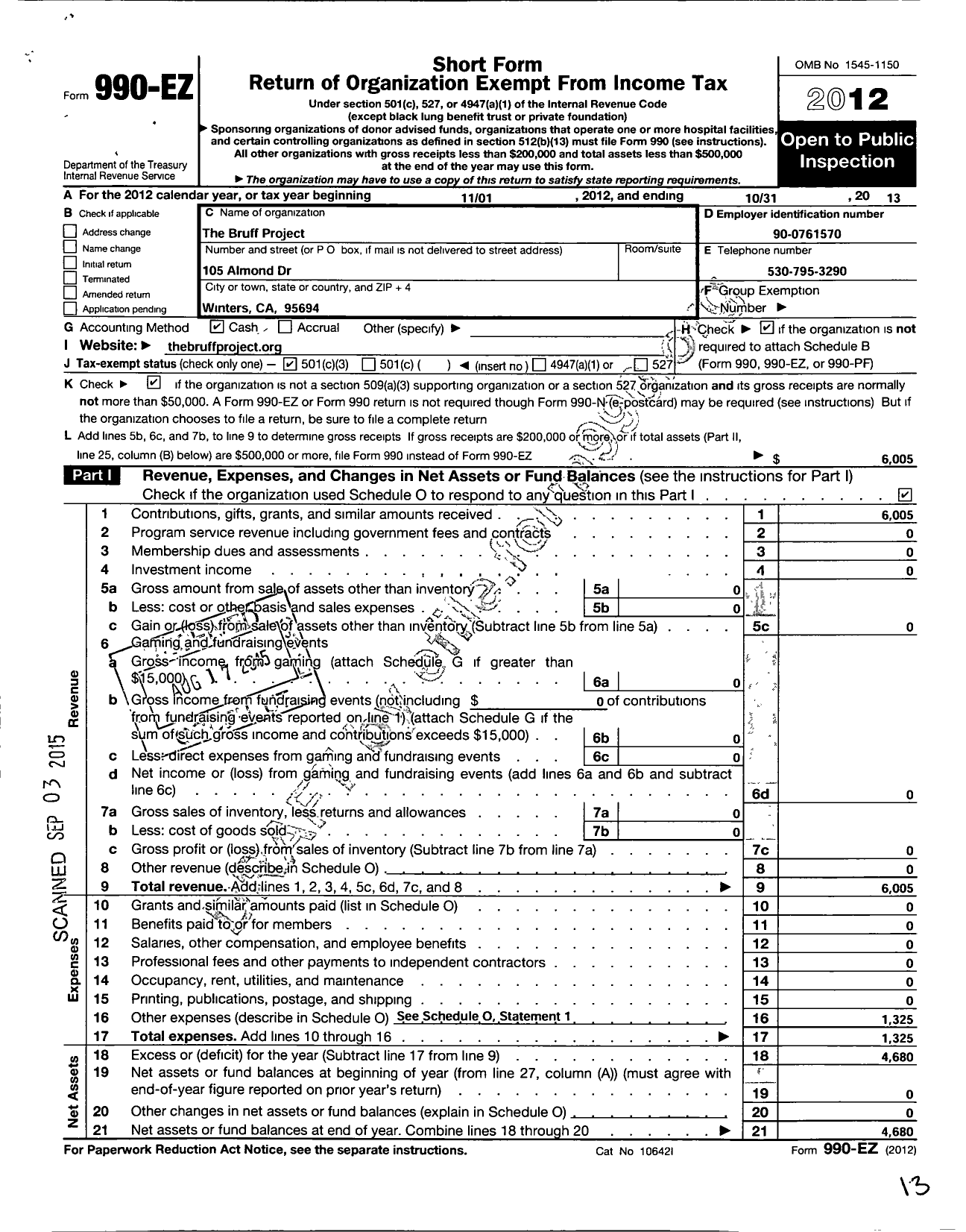 Image of first page of 2012 Form 990EZ for Bruff Project