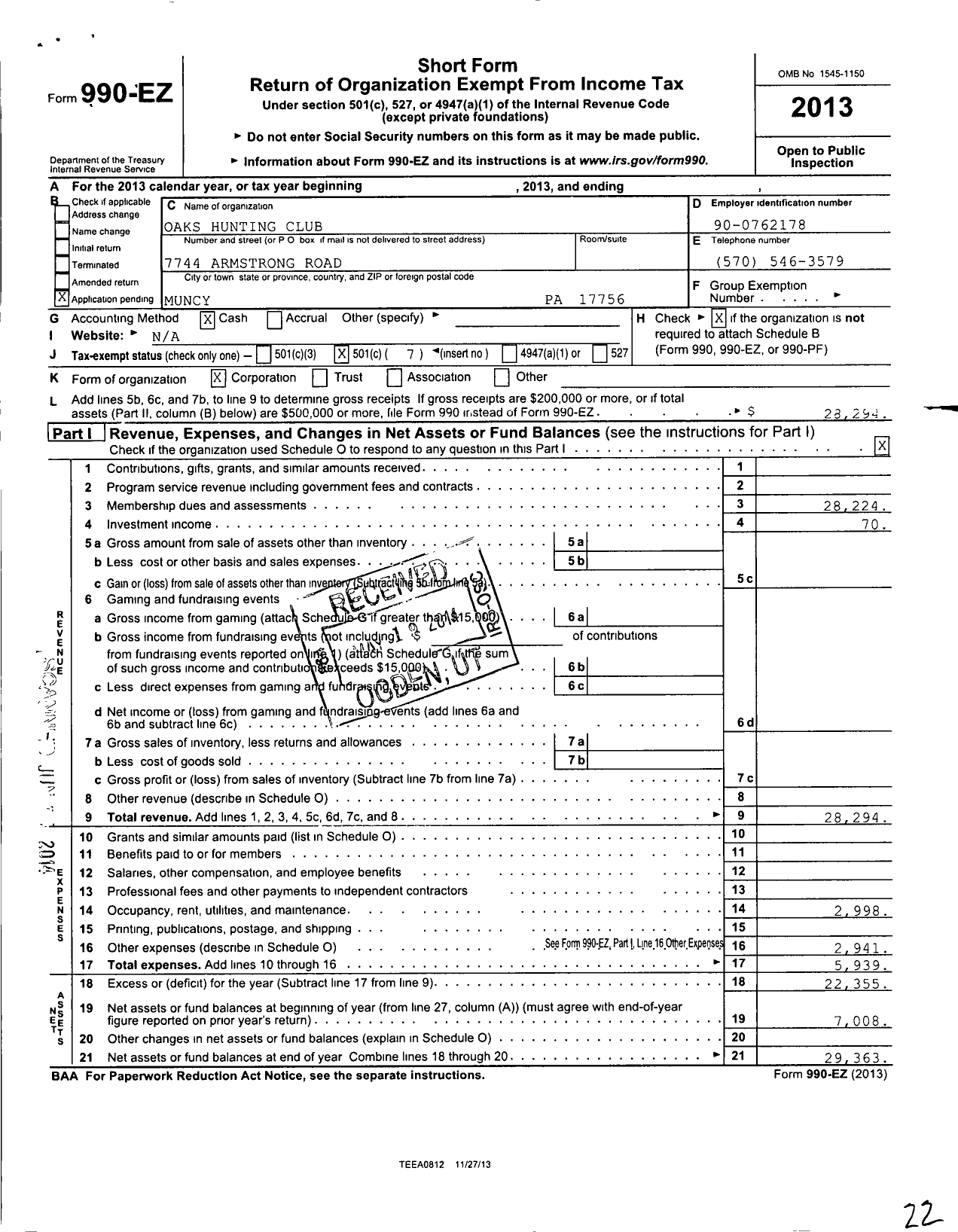 Image of first page of 2013 Form 990EO for Oaks Hunting Club