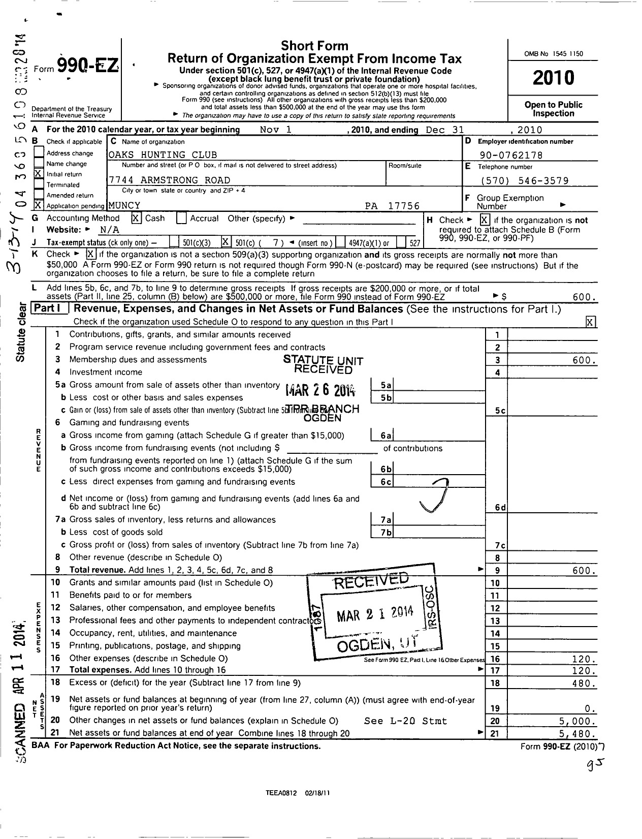 Image of first page of 2010 Form 990EO for Oaks Hunting Club