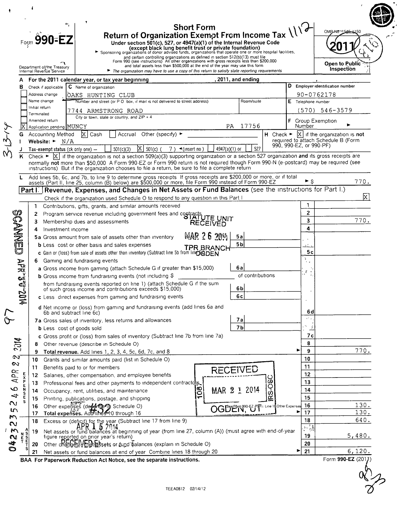 Image of first page of 2011 Form 990EO for Oaks Hunting Club