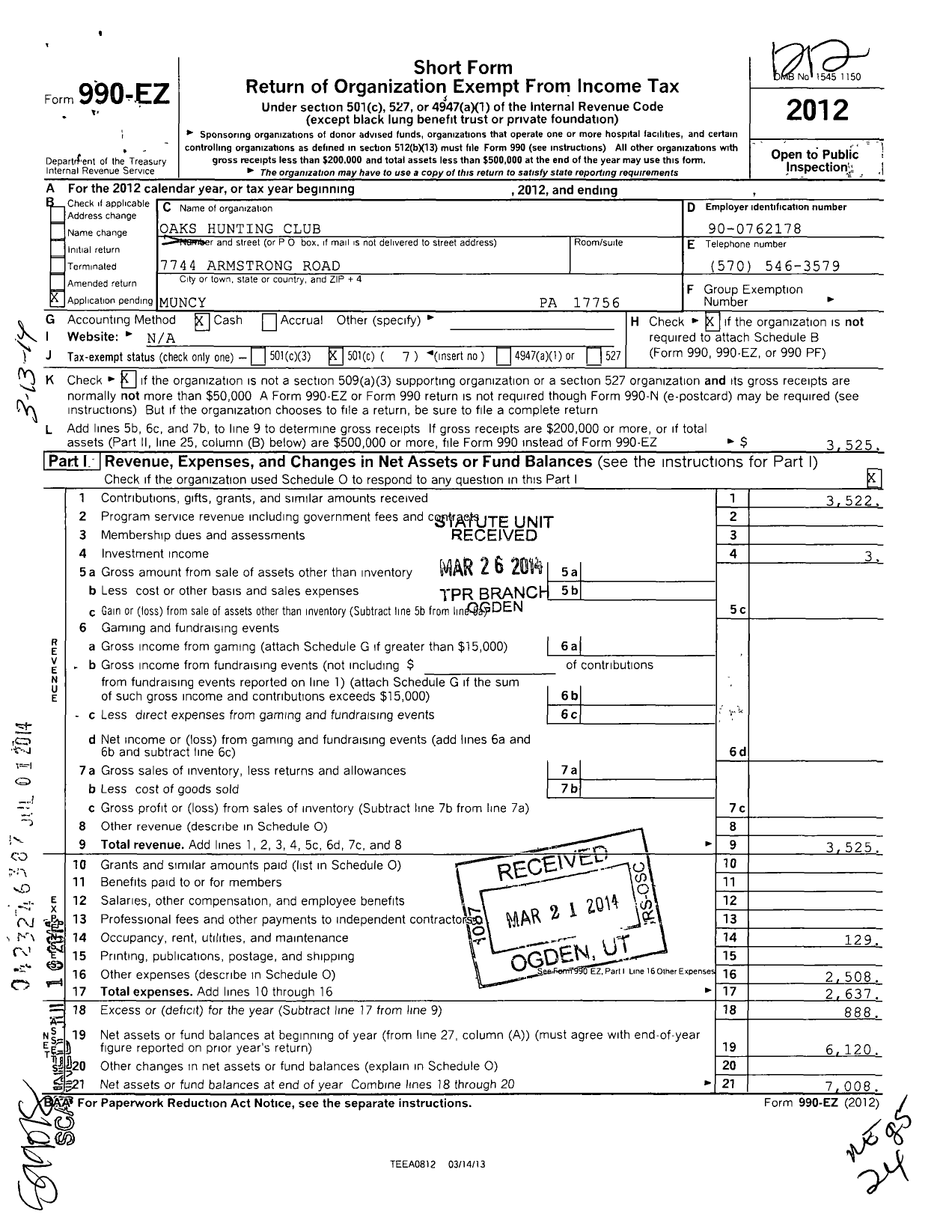 Image of first page of 2012 Form 990EO for Oaks Hunting Club