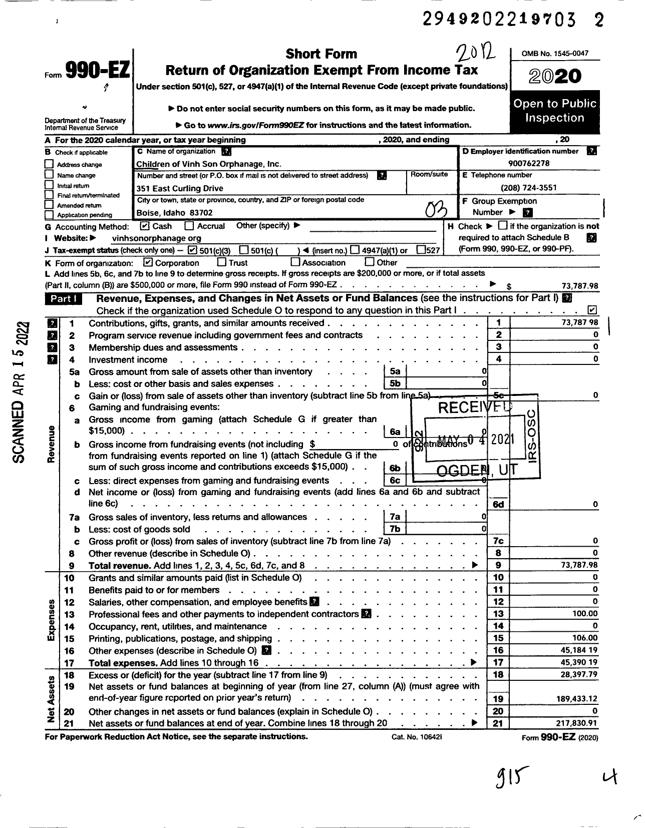 Image of first page of 2020 Form 990EZ for Children of Vinh Son Orphanage