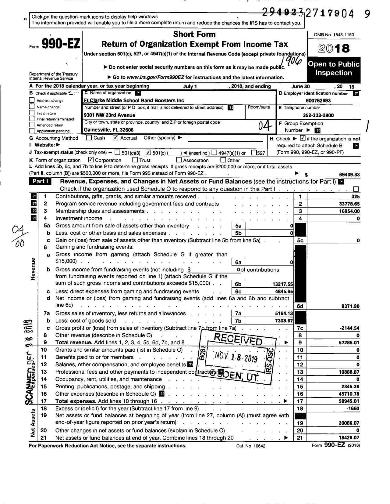 Image of first page of 2018 Form 990EO for Parent Booster USA / FT Clarke Middle School Band Booste