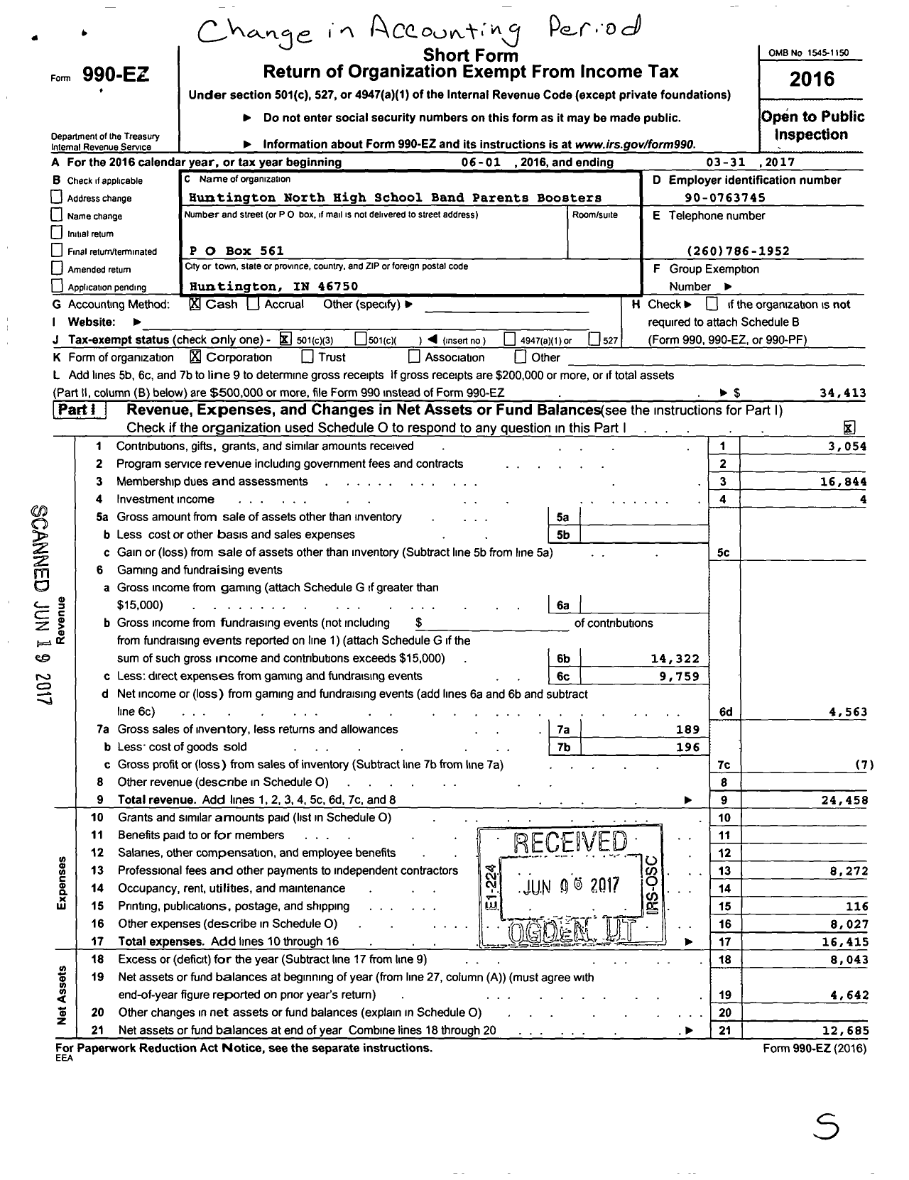 Image of first page of 2016 Form 990EZ for Huntington North High School Band Parents and Boosters