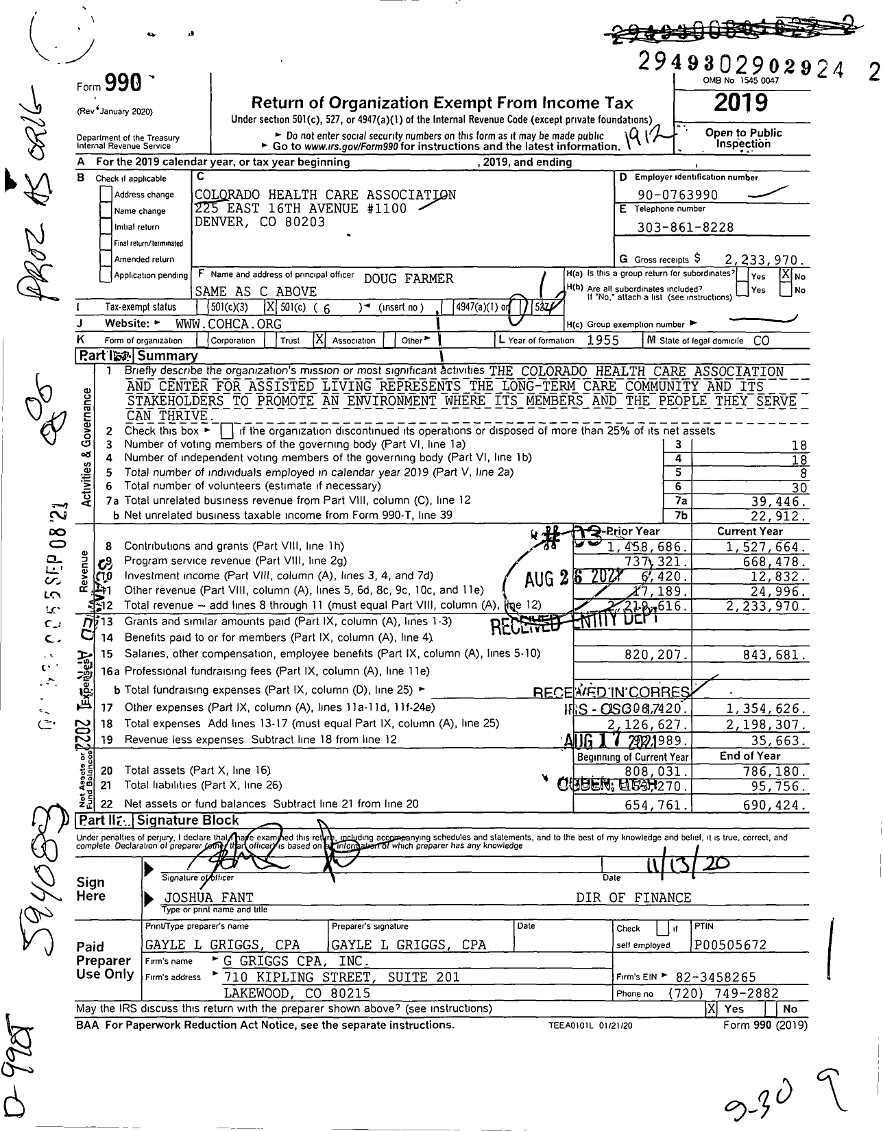 Image of first page of 2019 Form 990O for Colorado Health Care Association