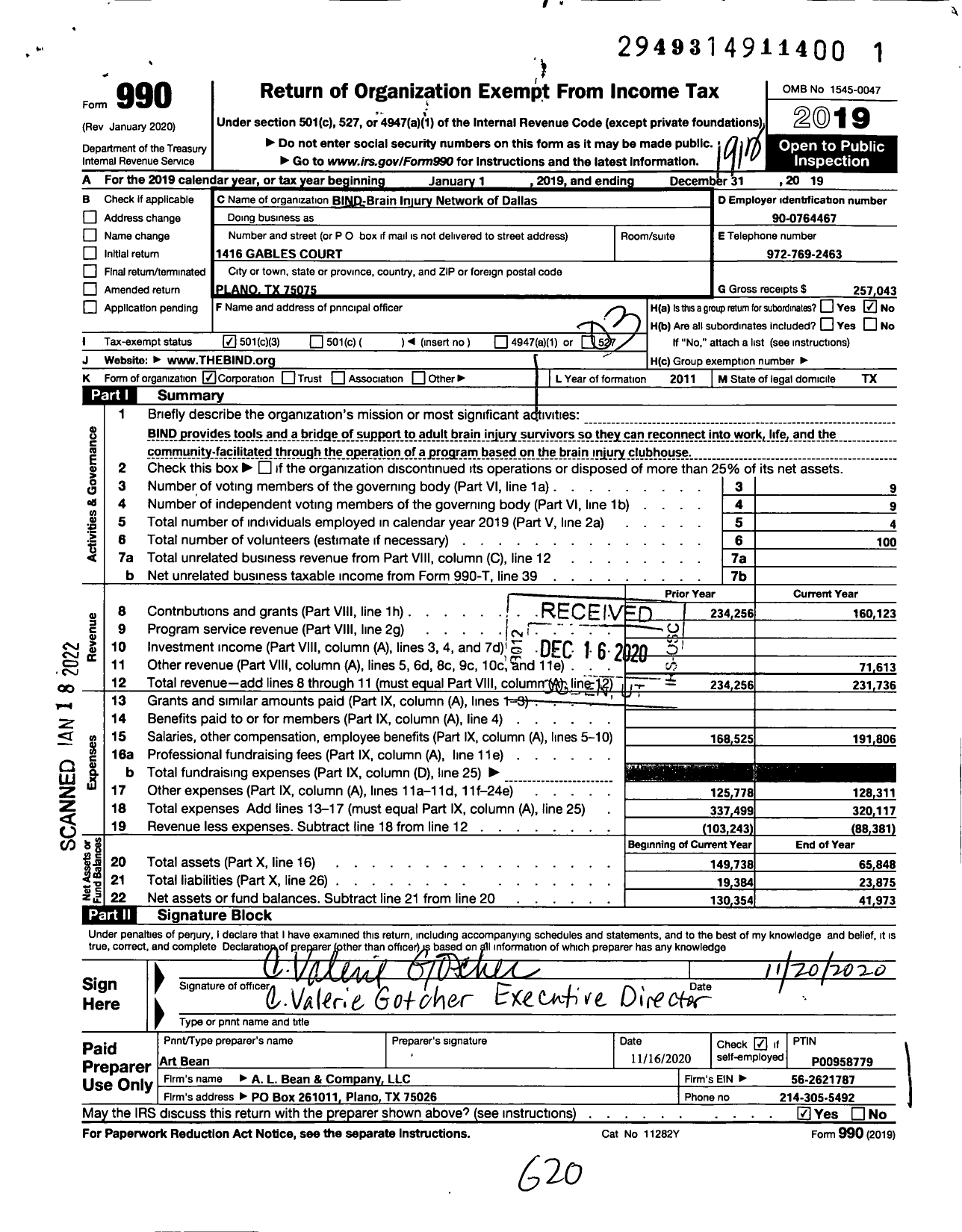 Image of first page of 2019 Form 990 for BIND- Brain Injury Network f Dallas