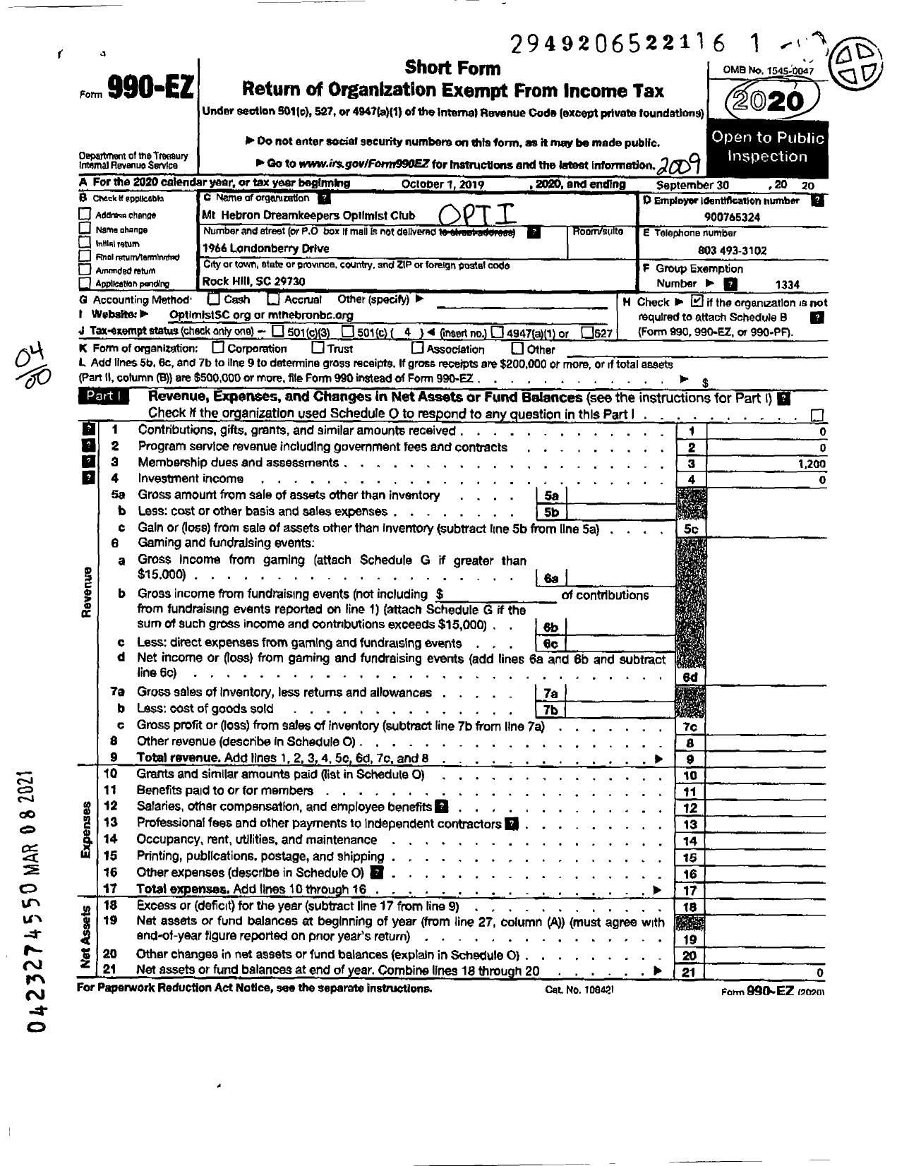 Image of first page of 2019 Form 990EO for Optimist International - 22006 MT Hebron Dreamkeepers Oc SC