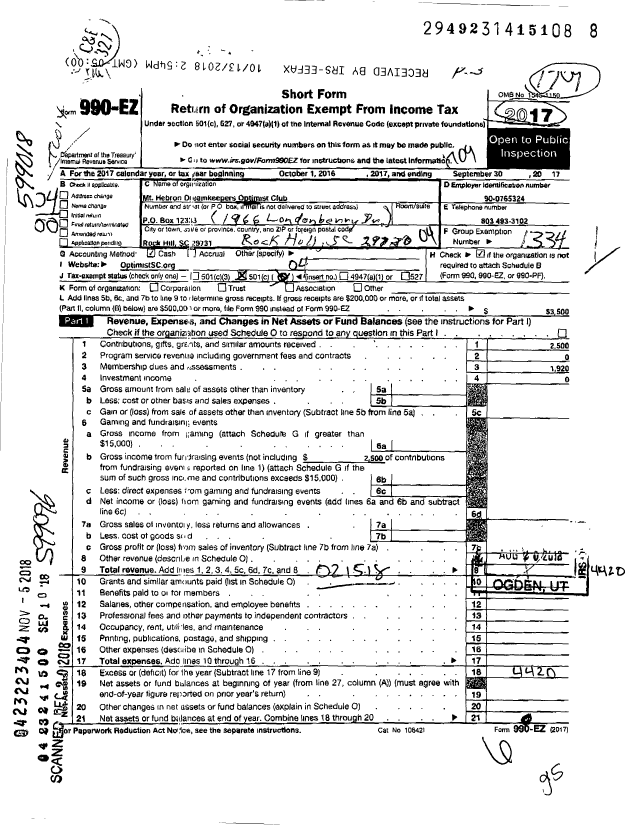 Image of first page of 2016 Form 990EO for Optimist International - 22006 MT Hebron Dreamkeepers Oc SC