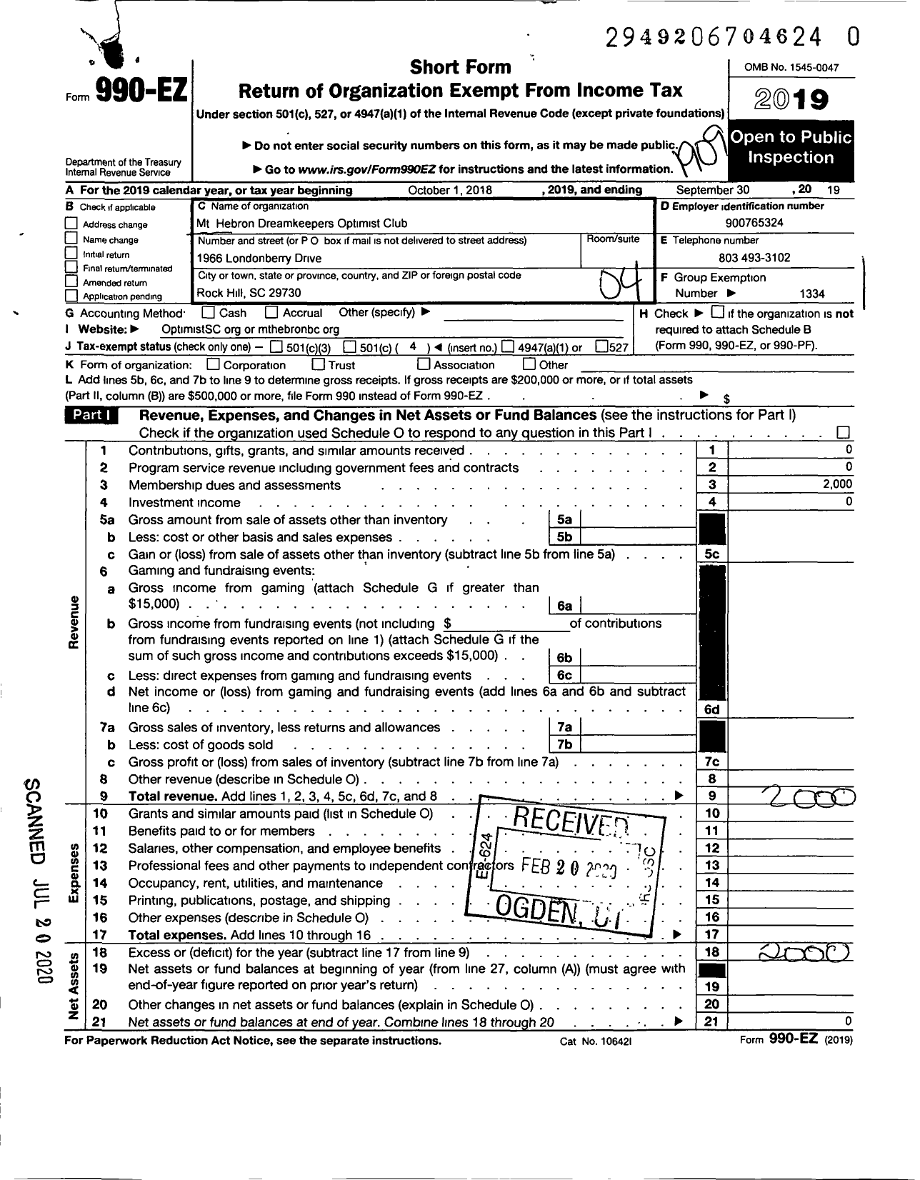 Image of first page of 2018 Form 990EO for Optimist International - 22006 MT Hebron Dreamkeepers Oc SC