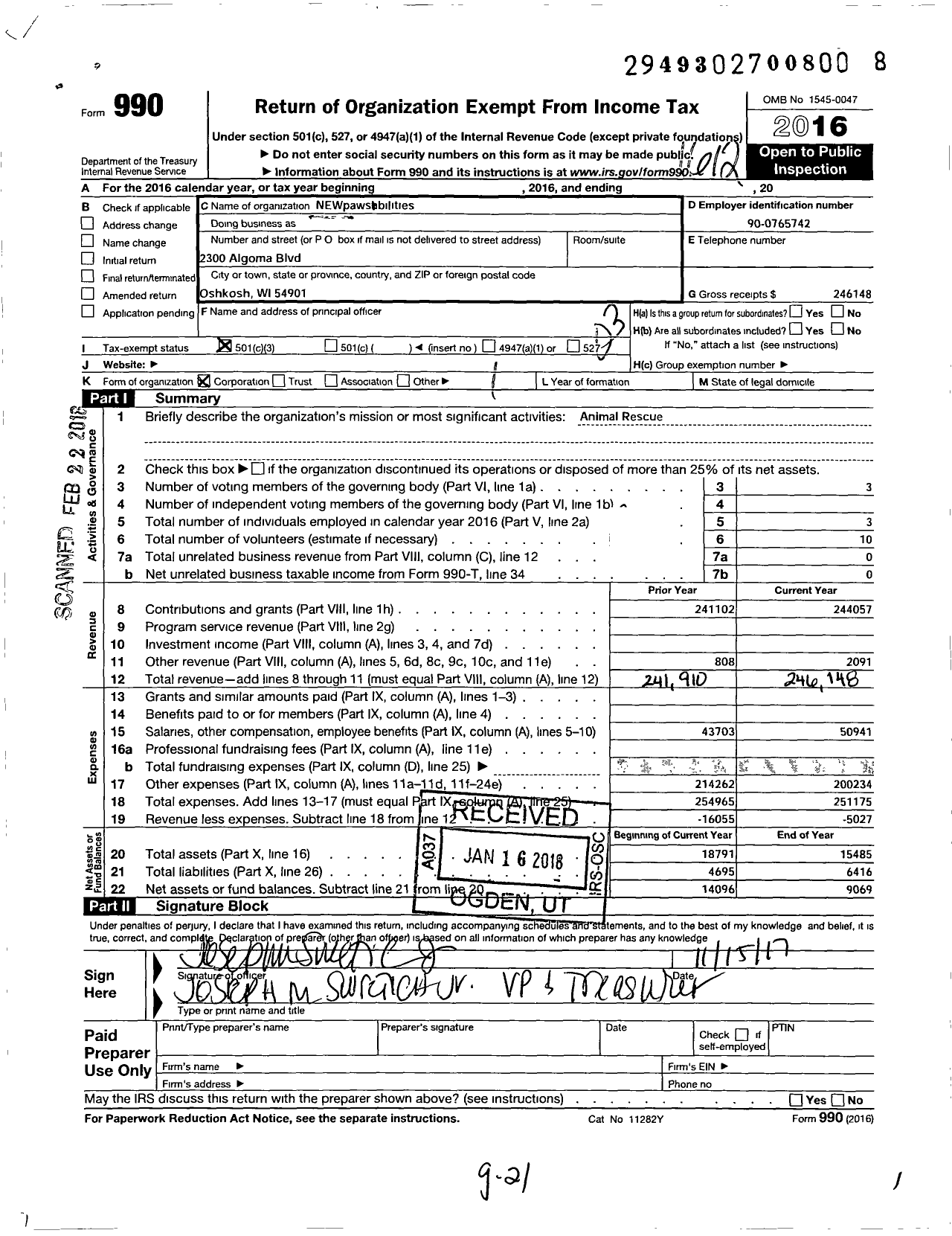 Image of first page of 2016 Form 990 for NEW PAWSibilities