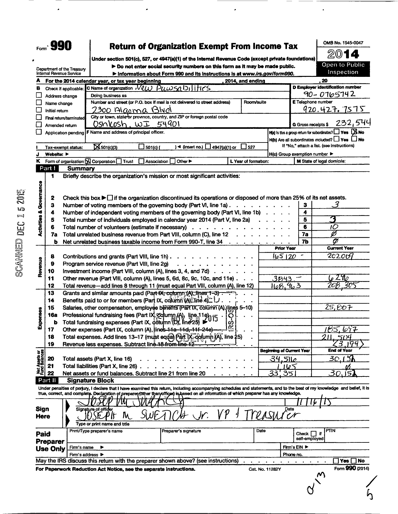 Image of first page of 2014 Form 990 for NEW PAWSibilities