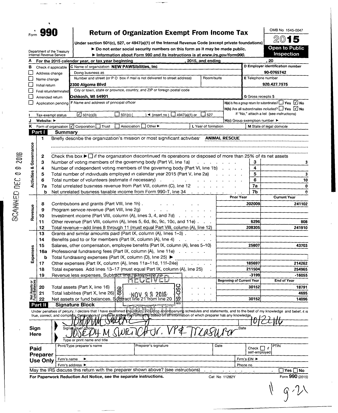 Image of first page of 2015 Form 990 for NEW PAWSibilities