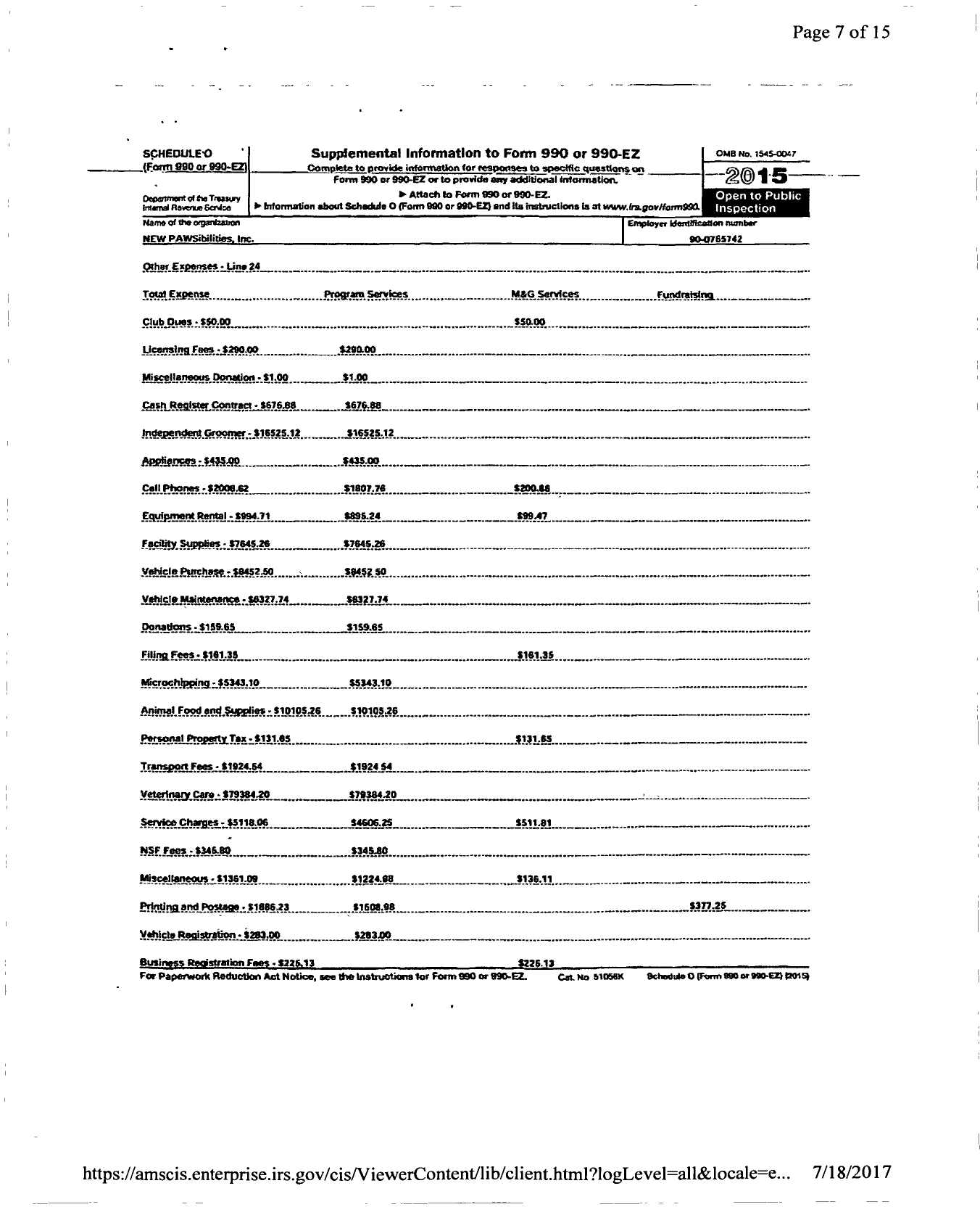 Image of first page of 2015 Form 990R for NEW PAWSibilities