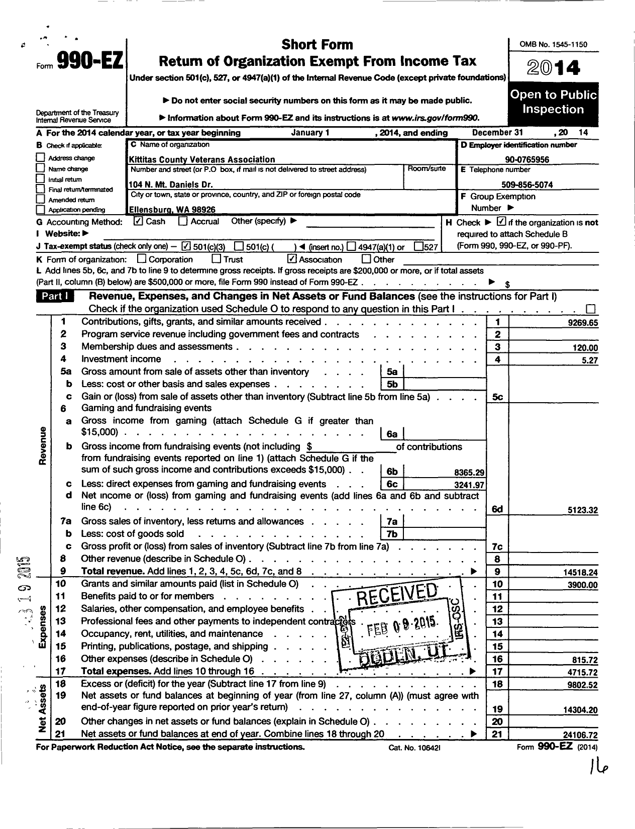 Image of first page of 2014 Form 990EZ for Kittitas County Veterans Association