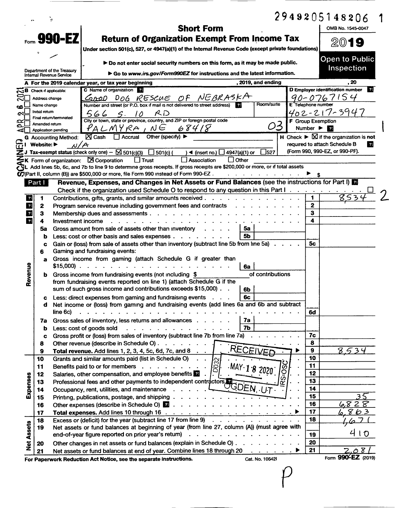 Image of first page of 2019 Form 990EZ for Good Dog Rescue