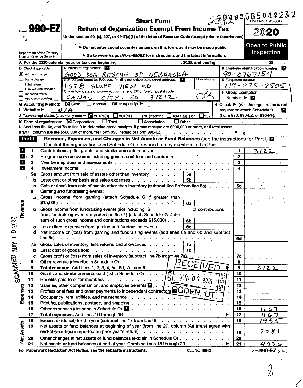 Image of first page of 2020 Form 990EZ for Good Dog Rescue