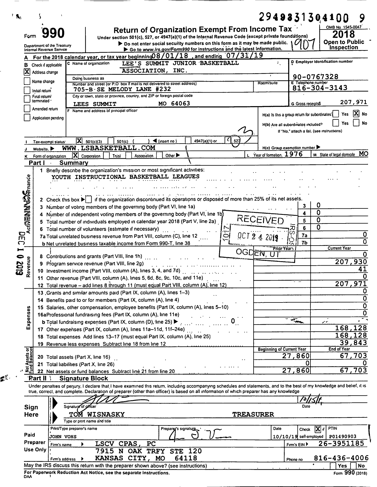 Image of first page of 2018 Form 990 for Lee's Summit Junior Basketball Association