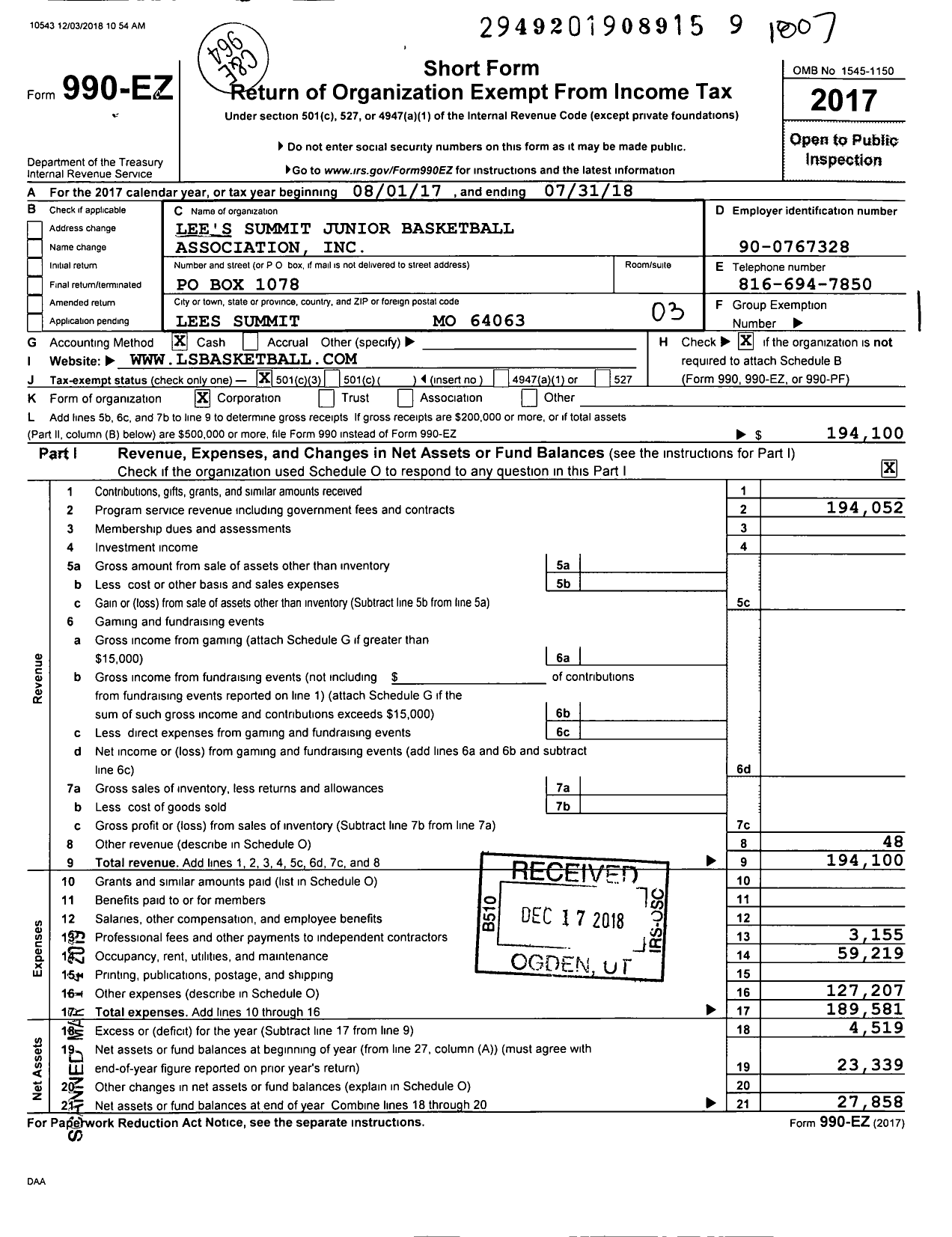 Image of first page of 2017 Form 990EZ for Lee's Summit Junior Basketball Association