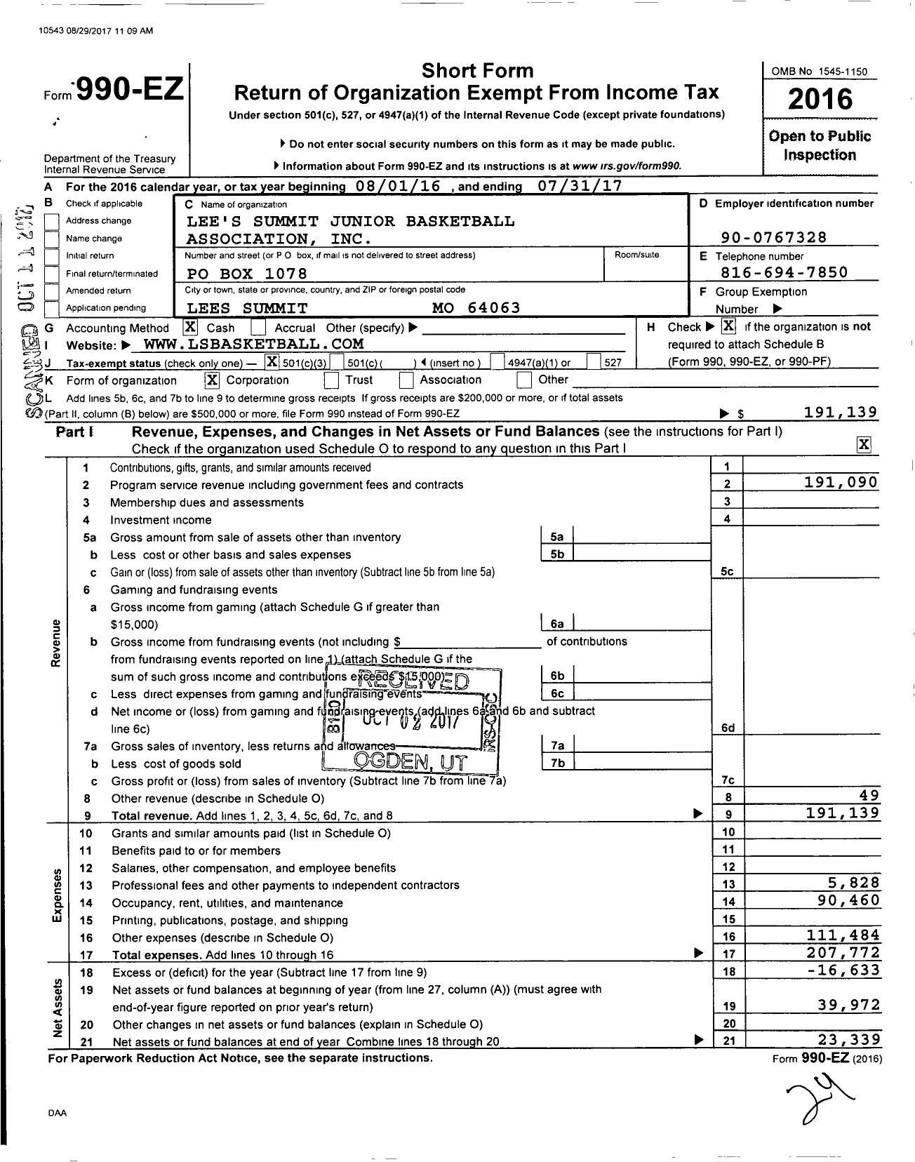 Image of first page of 2016 Form 990EZ for Lee's Summit Junior Basketball Association