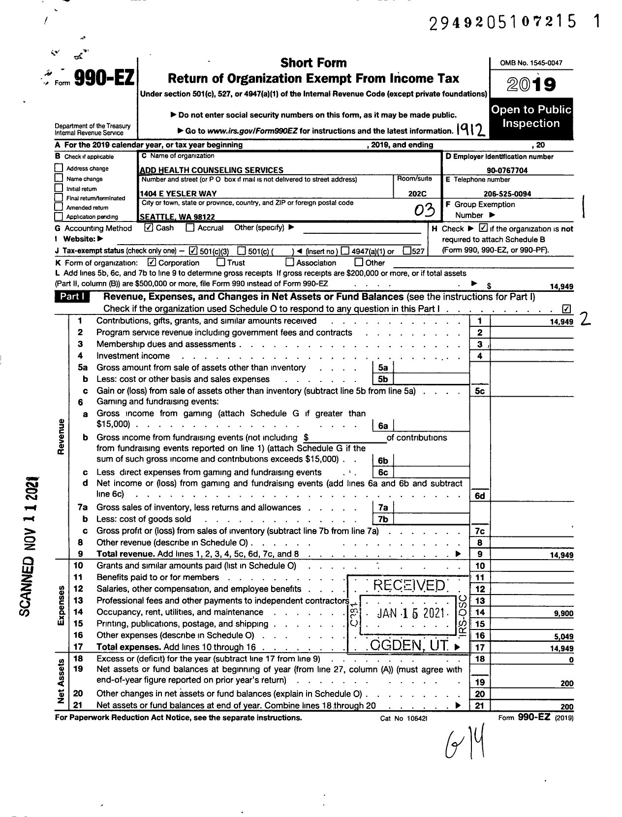 Image of first page of 2019 Form 990EZ for Add Health Counseling Services