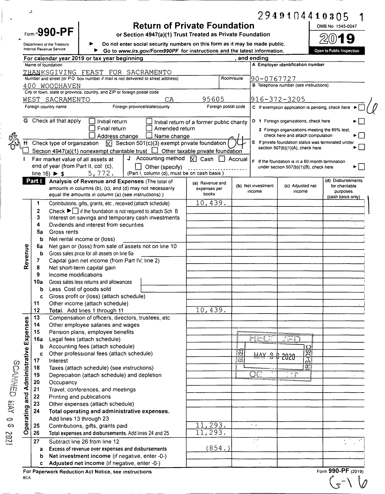 Image of first page of 2019 Form 990PF for Thanksgiving Feast for Sacramento C