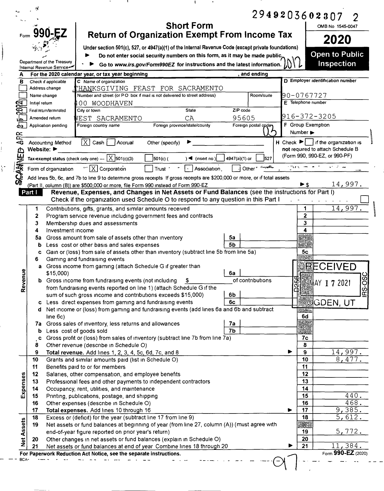 Image of first page of 2020 Form 990EZ for Thanksgiving Feast for Sacramento C