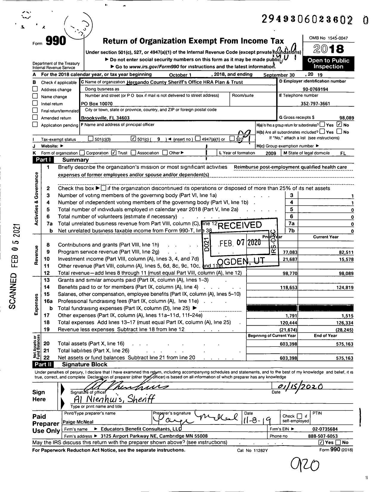 Image of first page of 2018 Form 990O for Hernando County Sheriff's Office Hra Plan and Trust