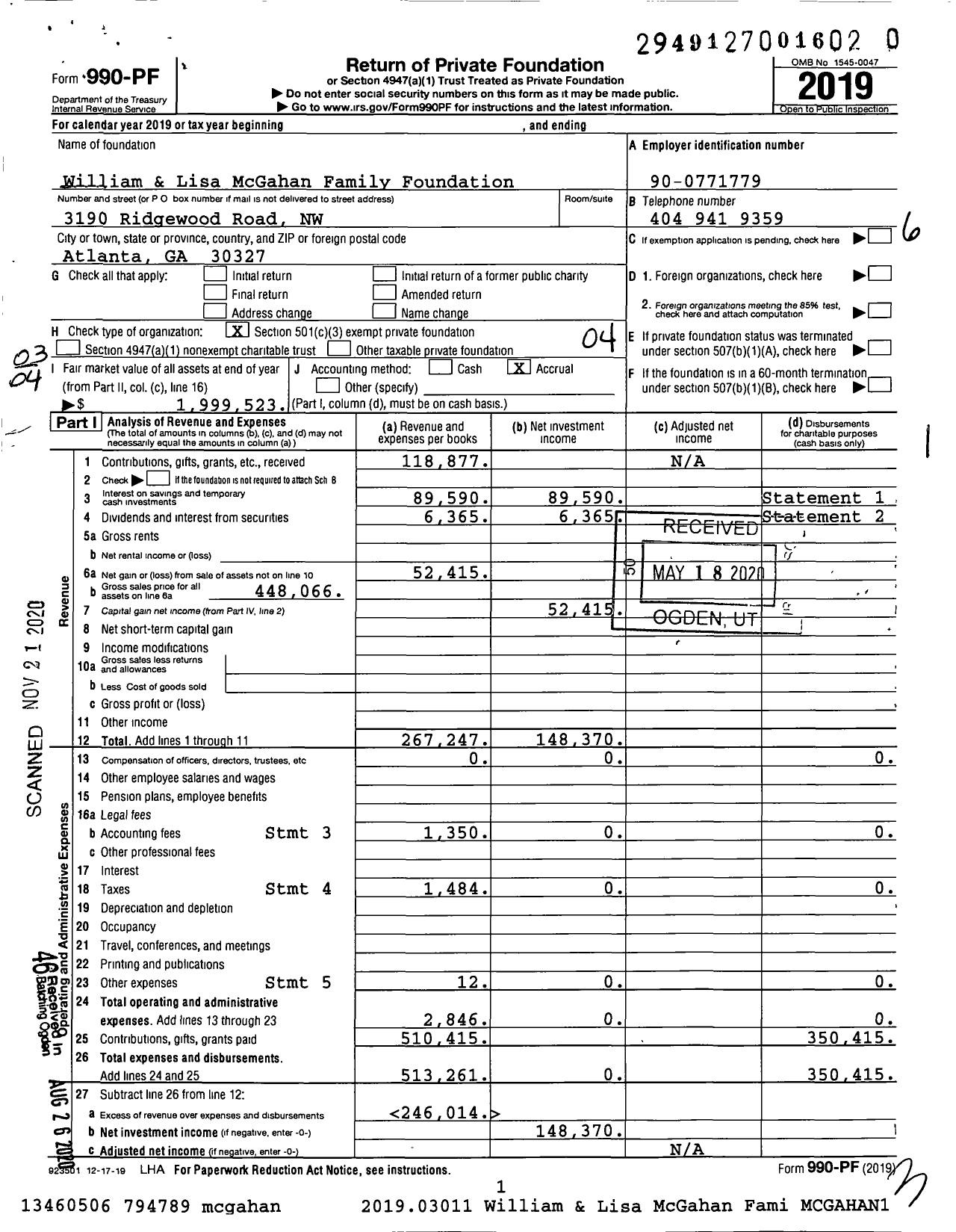 Image of first page of 2019 Form 990PF for William and Lisa McGahan Family Foundation