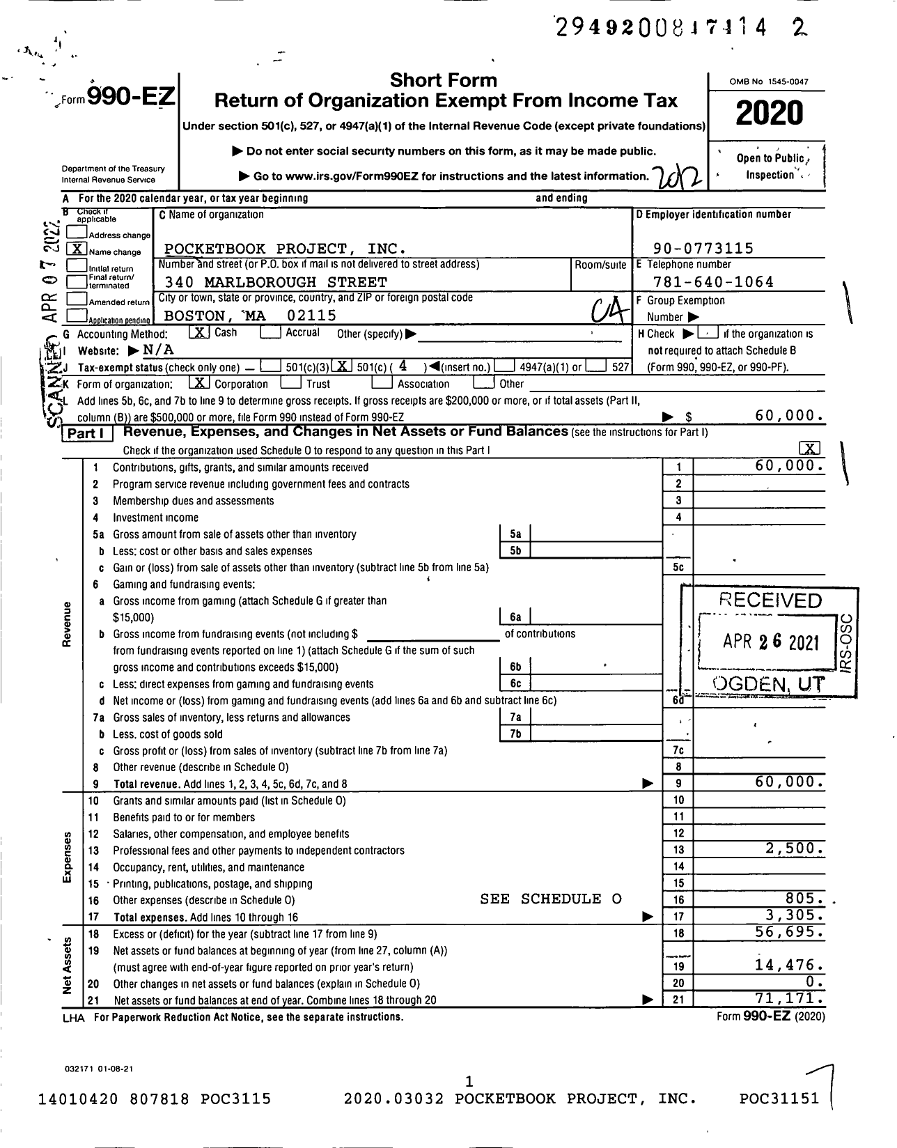 Image of first page of 2020 Form 990EO for Pocketbook Project