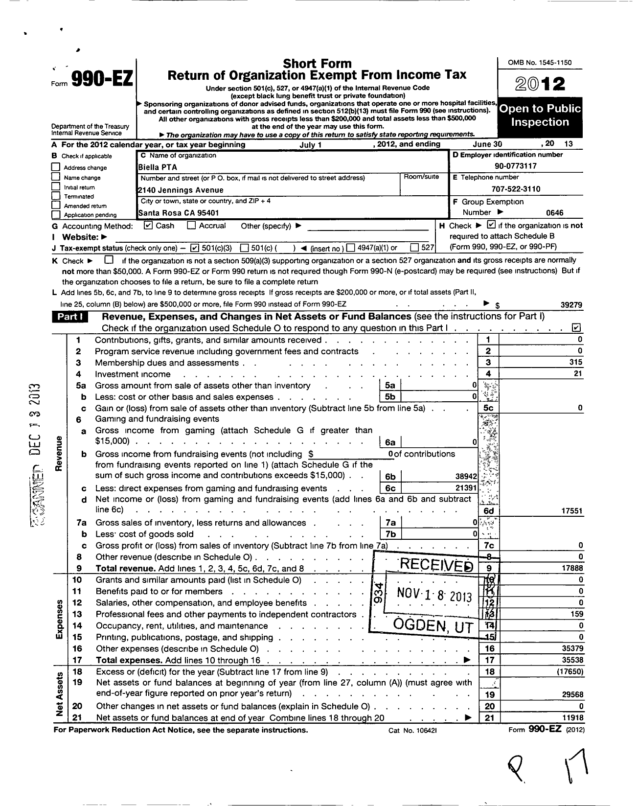 Image of first page of 2012 Form 990EZ for California State PTA - Biella PTA